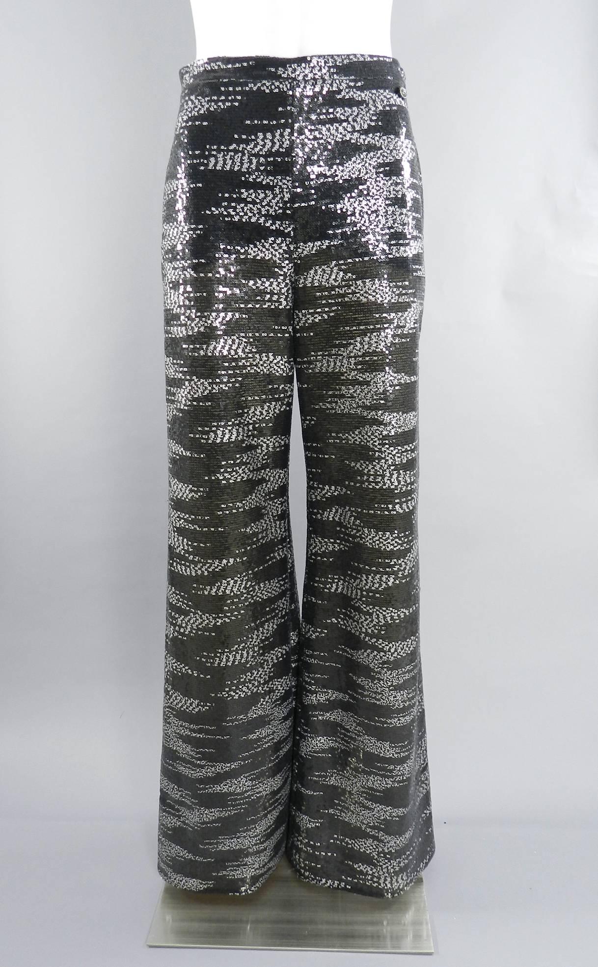 Chanel Grey and white Silk Lesage Sequin Wide Leg Pants 3