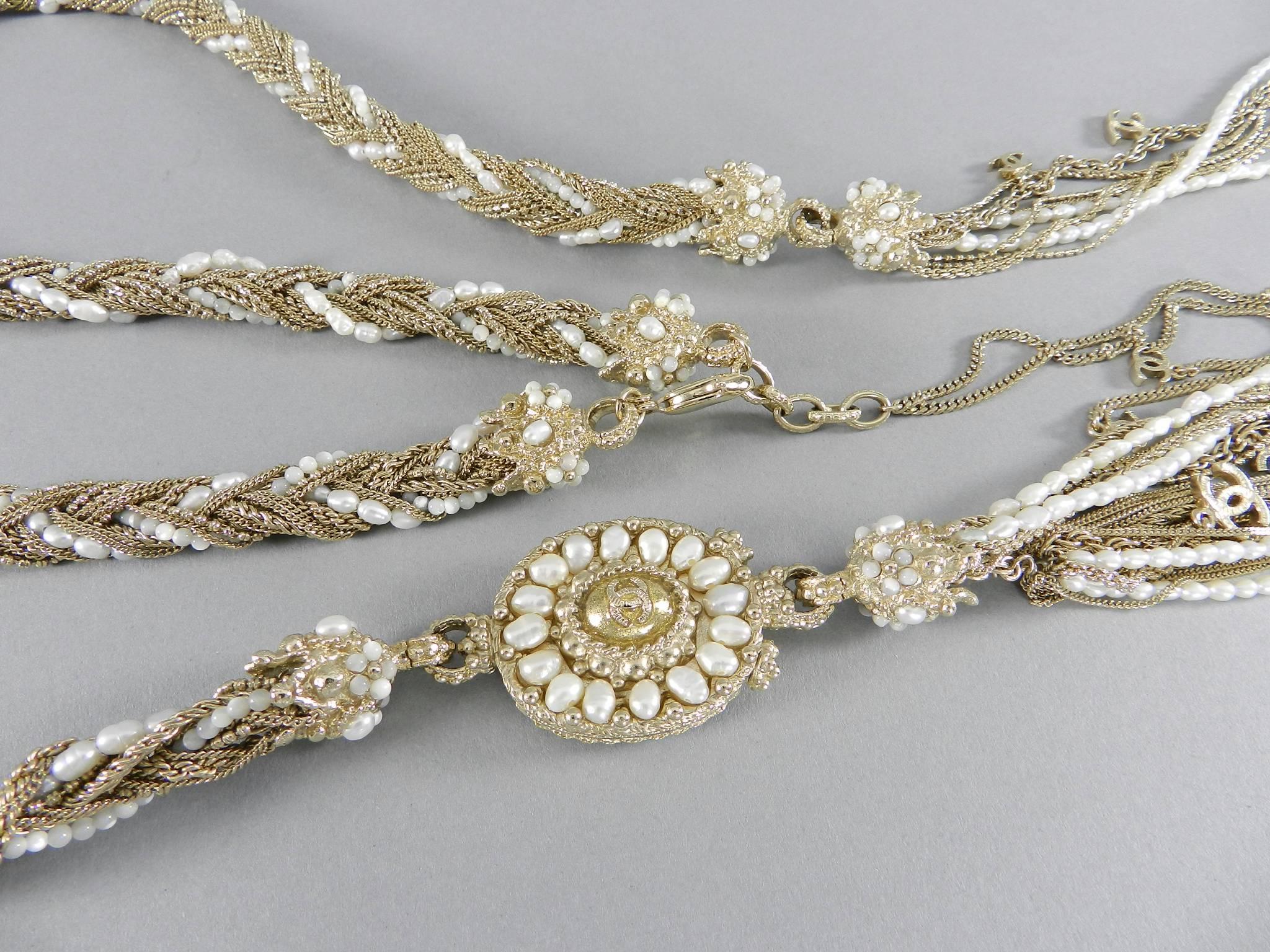 Chanel 11C Gold and Pearl Braided Long Rope Necklace with Tassel In New Condition In Toronto, ON