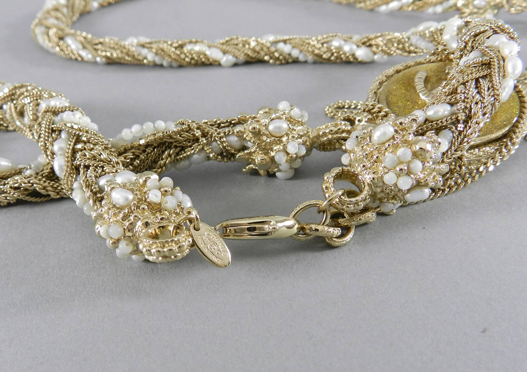 Chanel 11C Gold and Pearl Braided Long Rope Necklace with Tassel 2