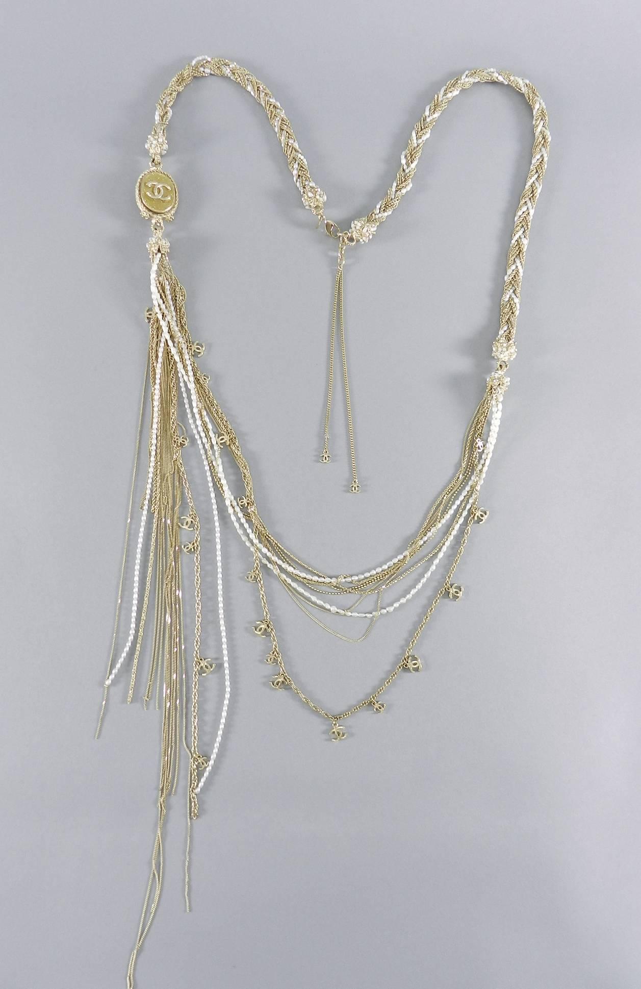 Chanel 11C Gold and Pearl Braided Long Rope Necklace with Tassel 3