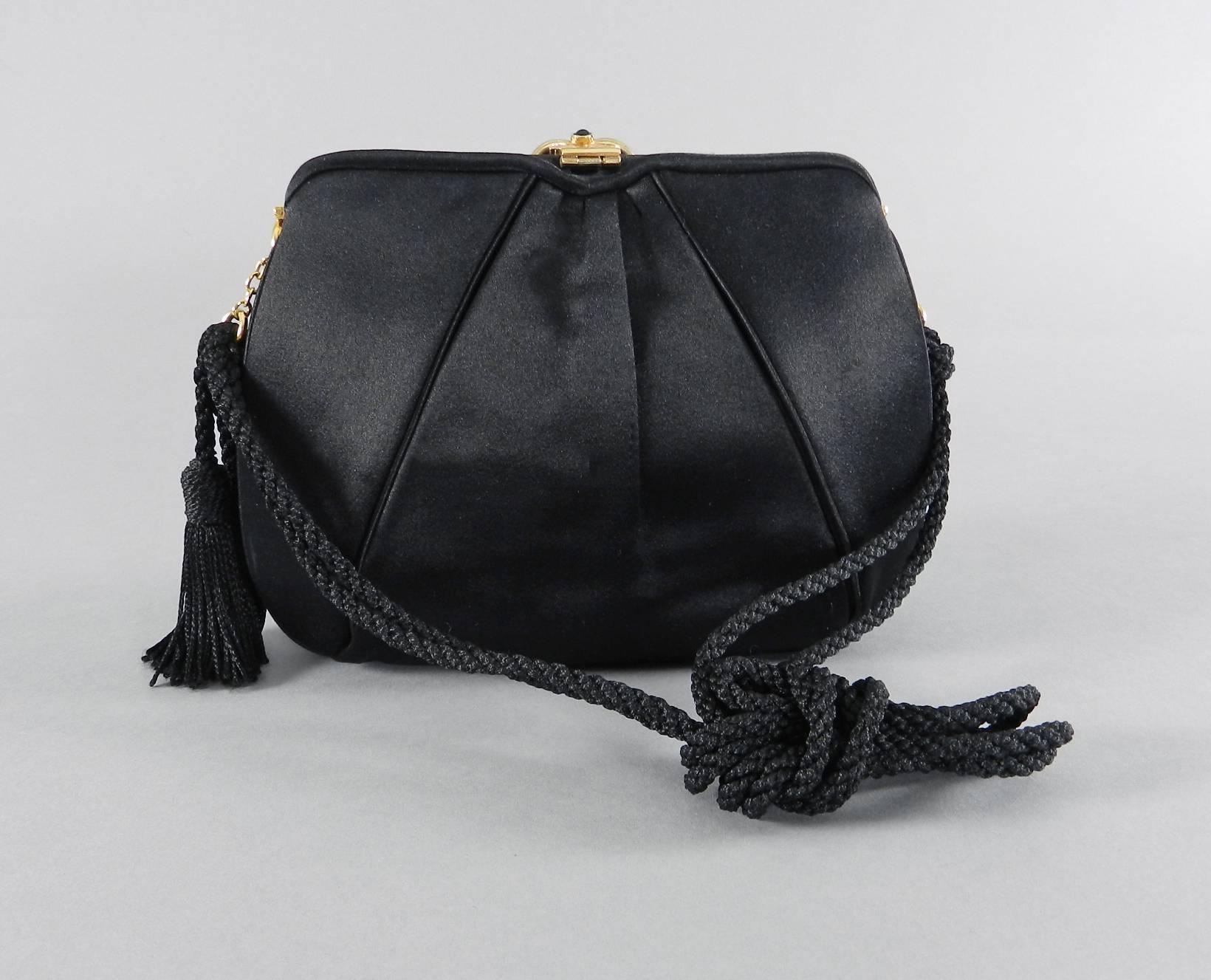 Judith Leiber Black Silk Satin Evening Bag with Rhinestone Clasp In Excellent Condition In Toronto, ON