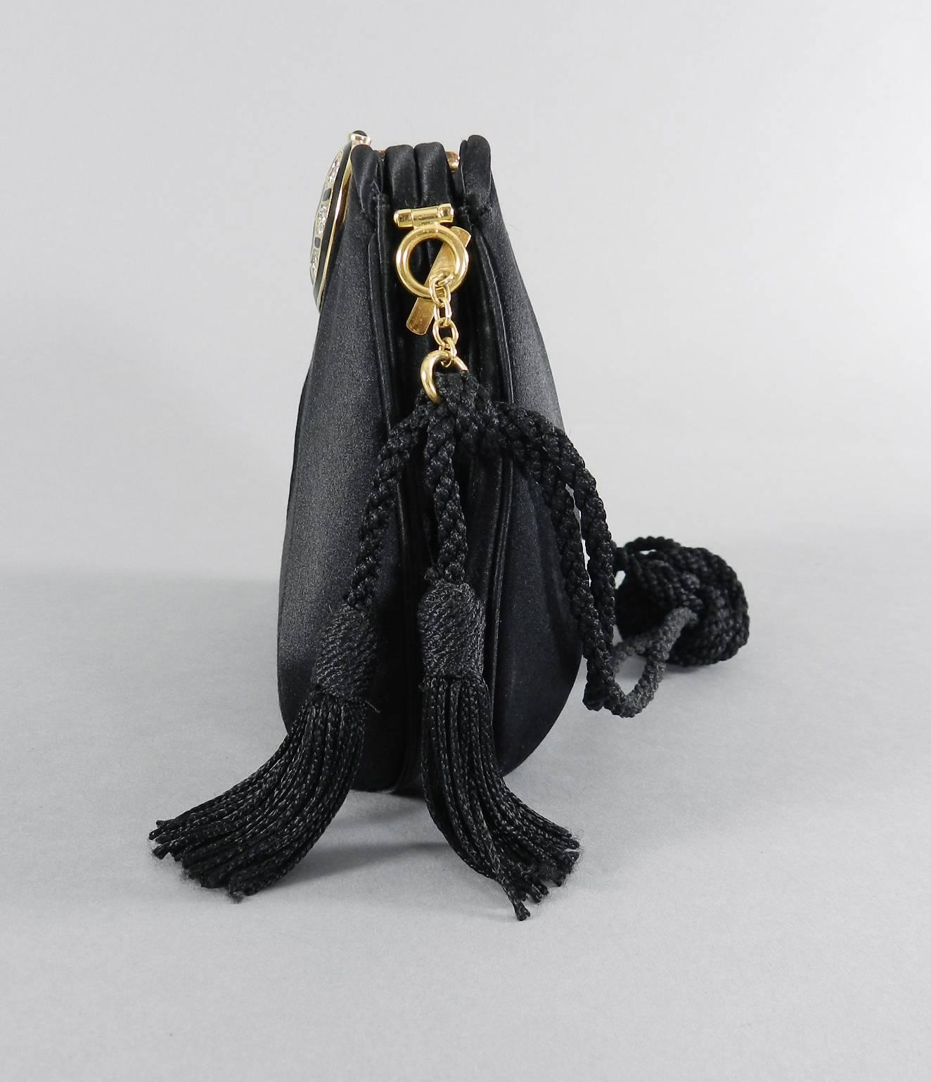 Judith Leiber Black Silk Satin Evening Bag with Rhinestone Clasp 4
