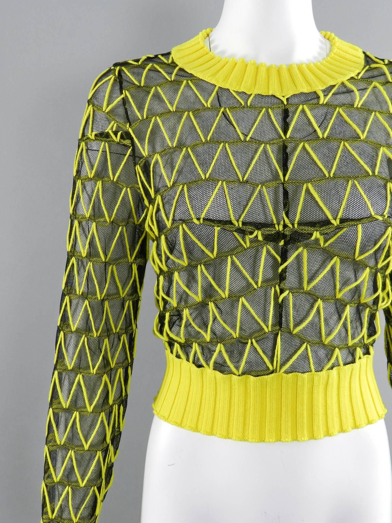 Maison Margiela Fall 2013 Runway Yellow and Black Mesh Crop Sweater In Excellent Condition In Toronto, ON