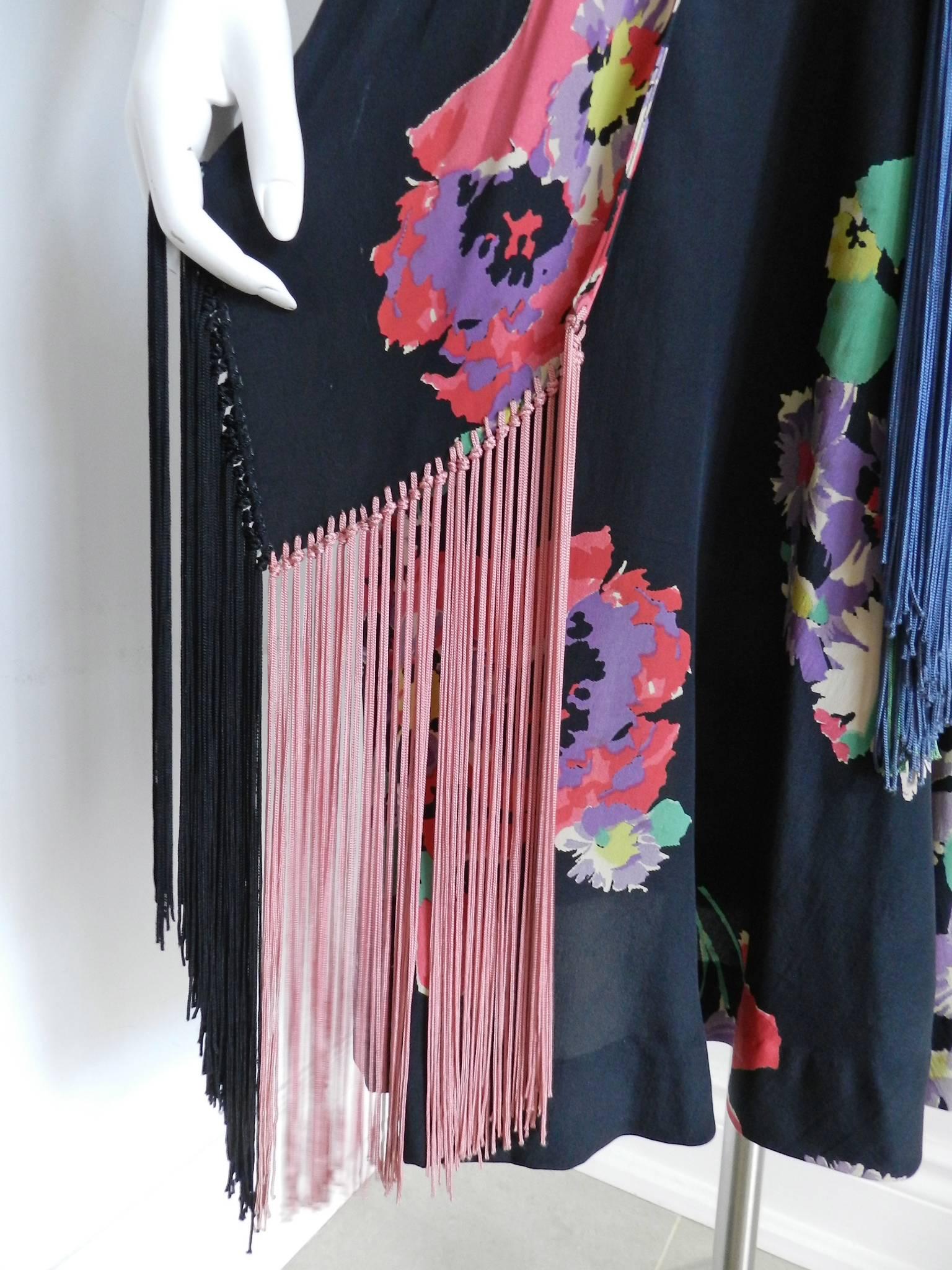 Vintage 1930's Art Deco Silk Floral Dress with Pink, Green, Blue Fringe Belt In Excellent Condition In Toronto, ON