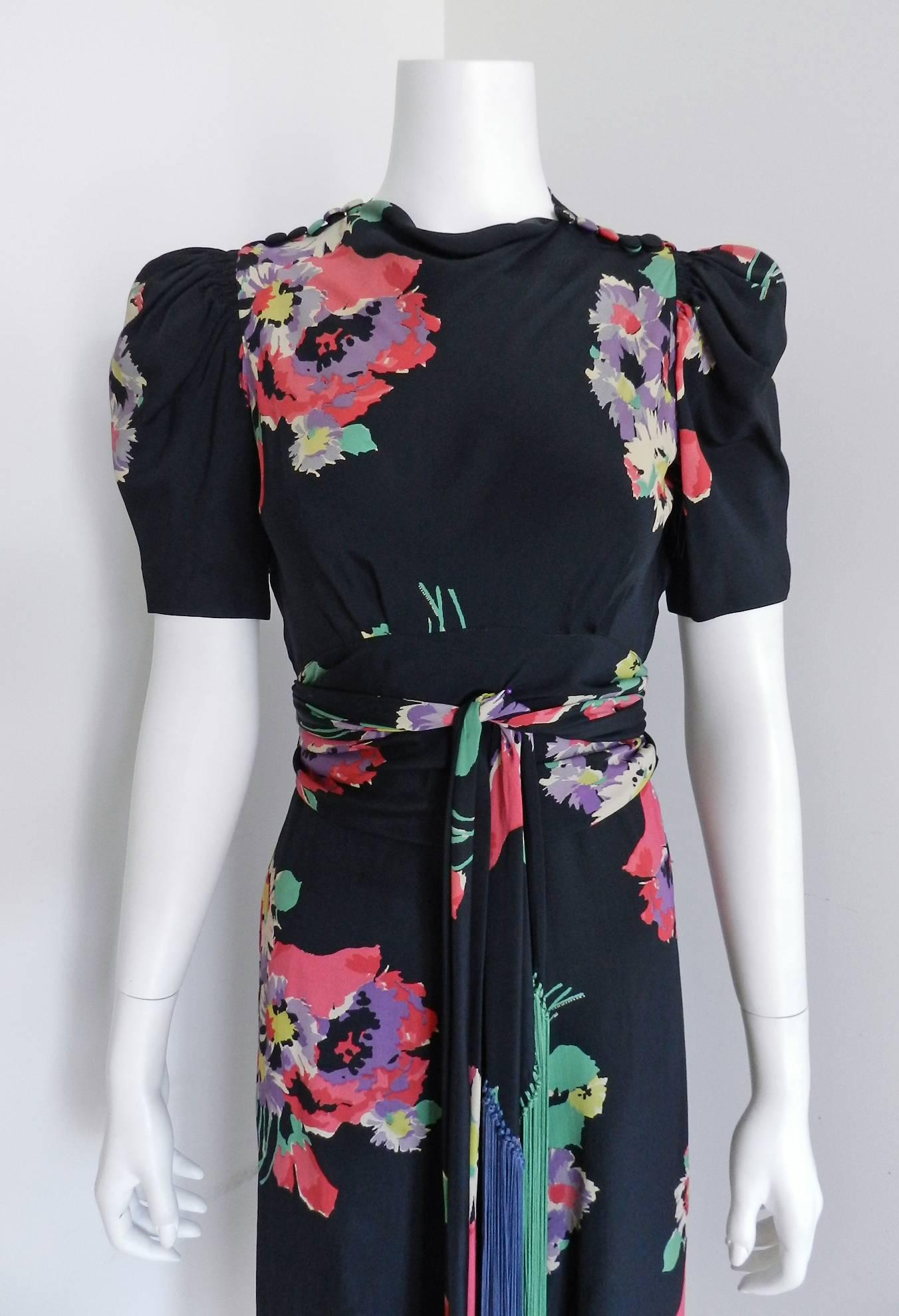 Vintage 1930's Art Deco Silk Floral Dress with Pink, Green, Blue Fringe Belt 1