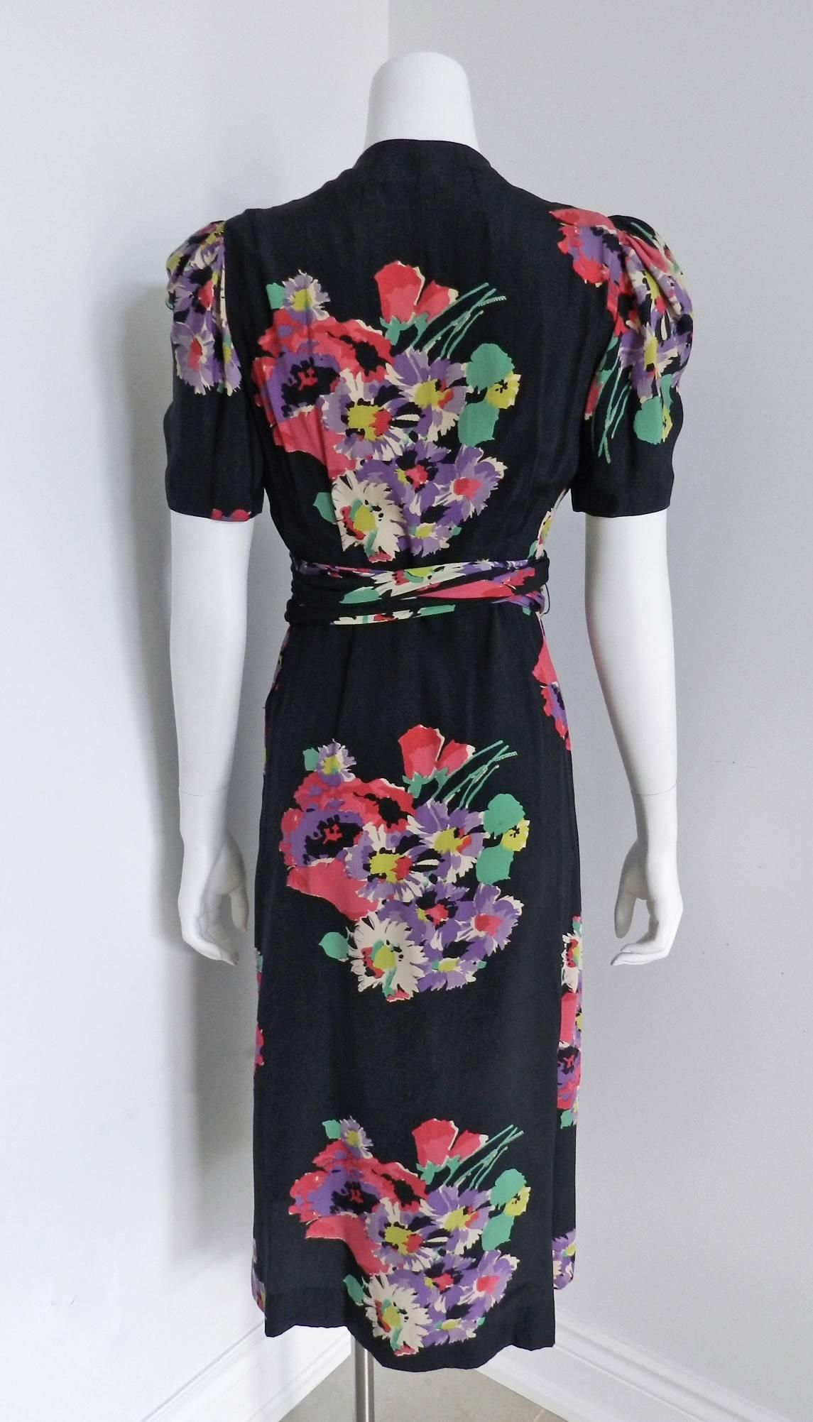Vintage 1930's Art Deco Silk Floral Dress with Pink, Green, Blue Fringe Belt 2