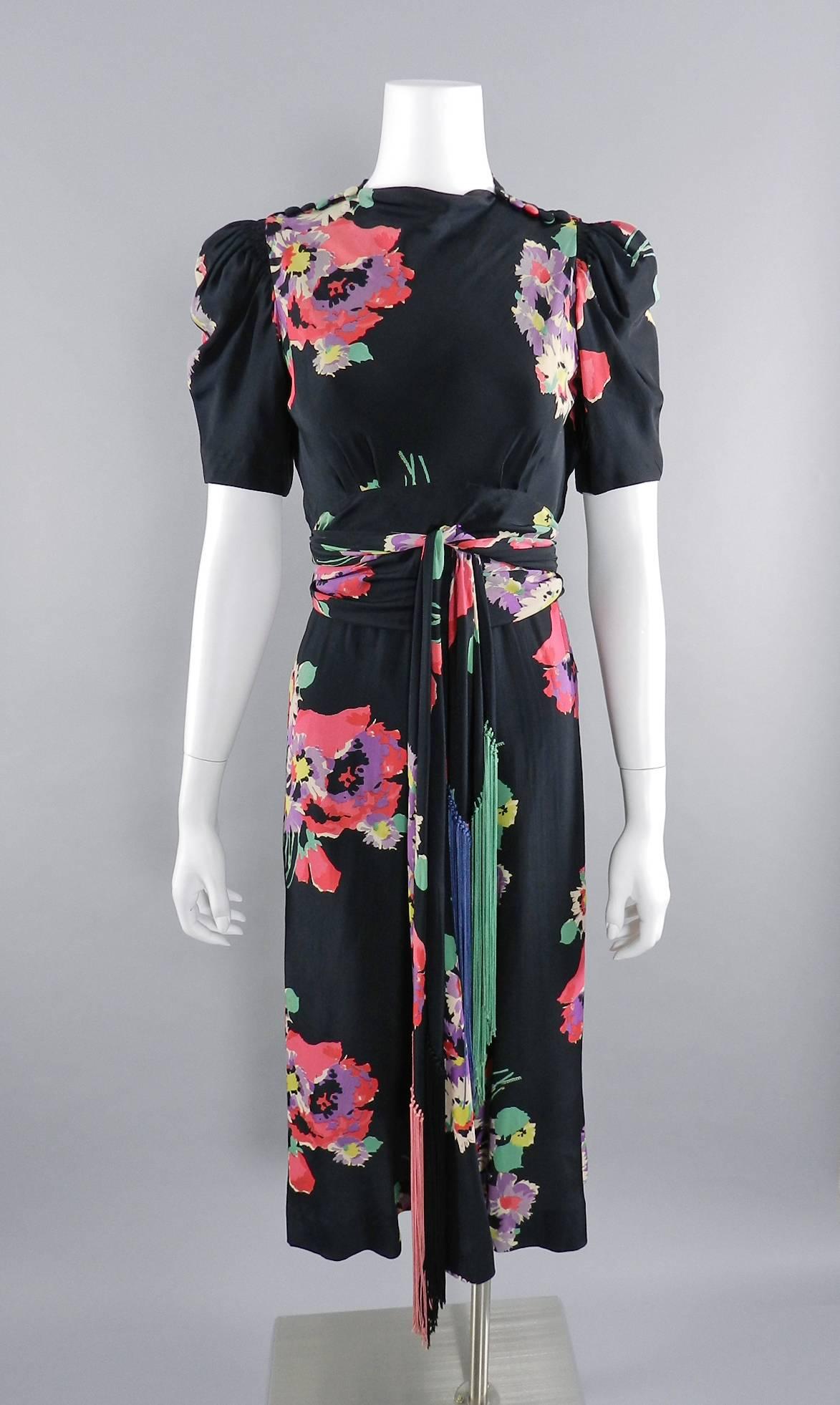 Vintage 1930's Art Deco Silk Floral Dress with Pink, Green, Blue Fringe Belt 4