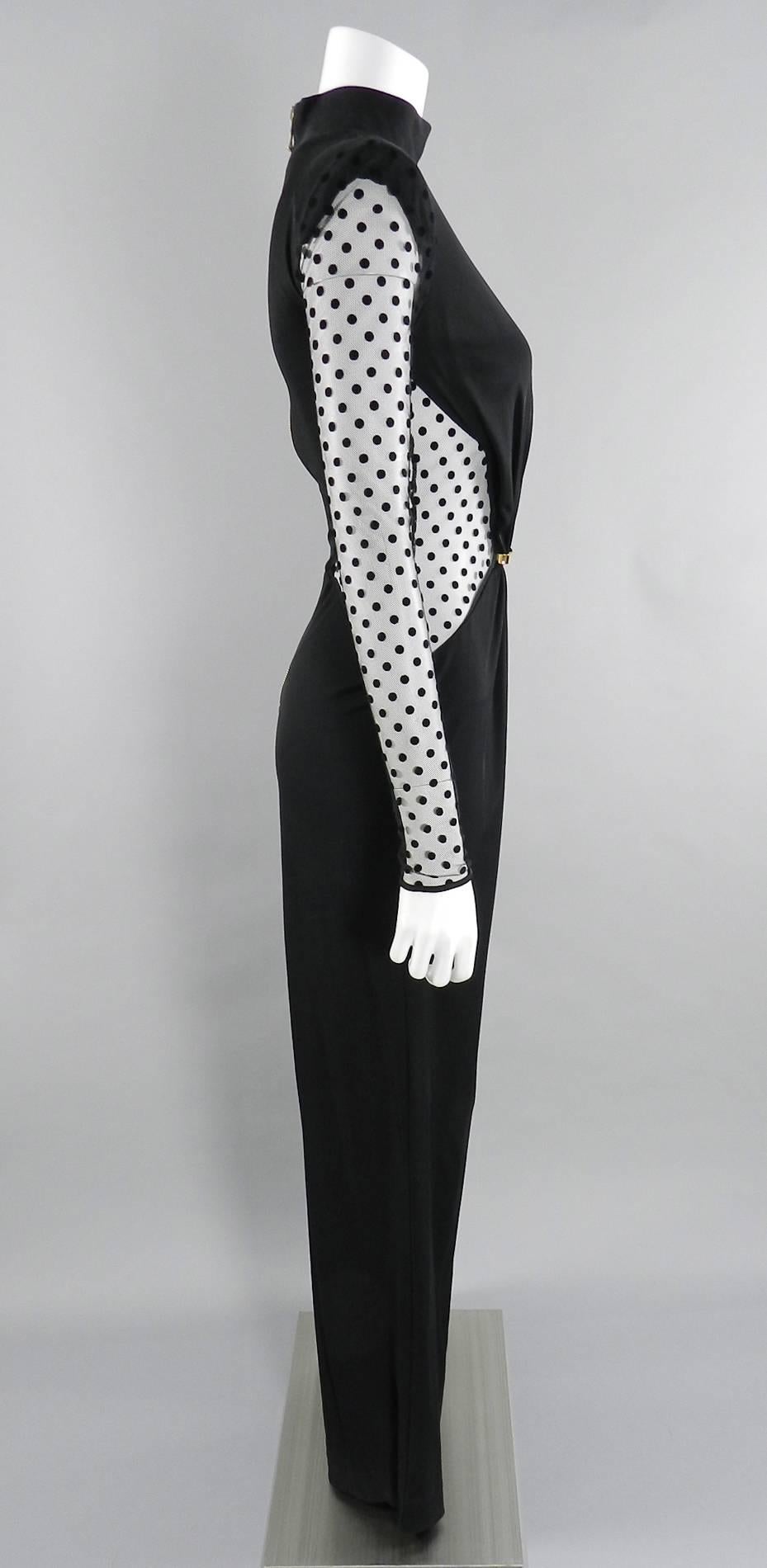 Balmain Pre-fall 2015 Black Polkadot Mesh Panel Jumpsuit In Excellent Condition In Toronto, ON