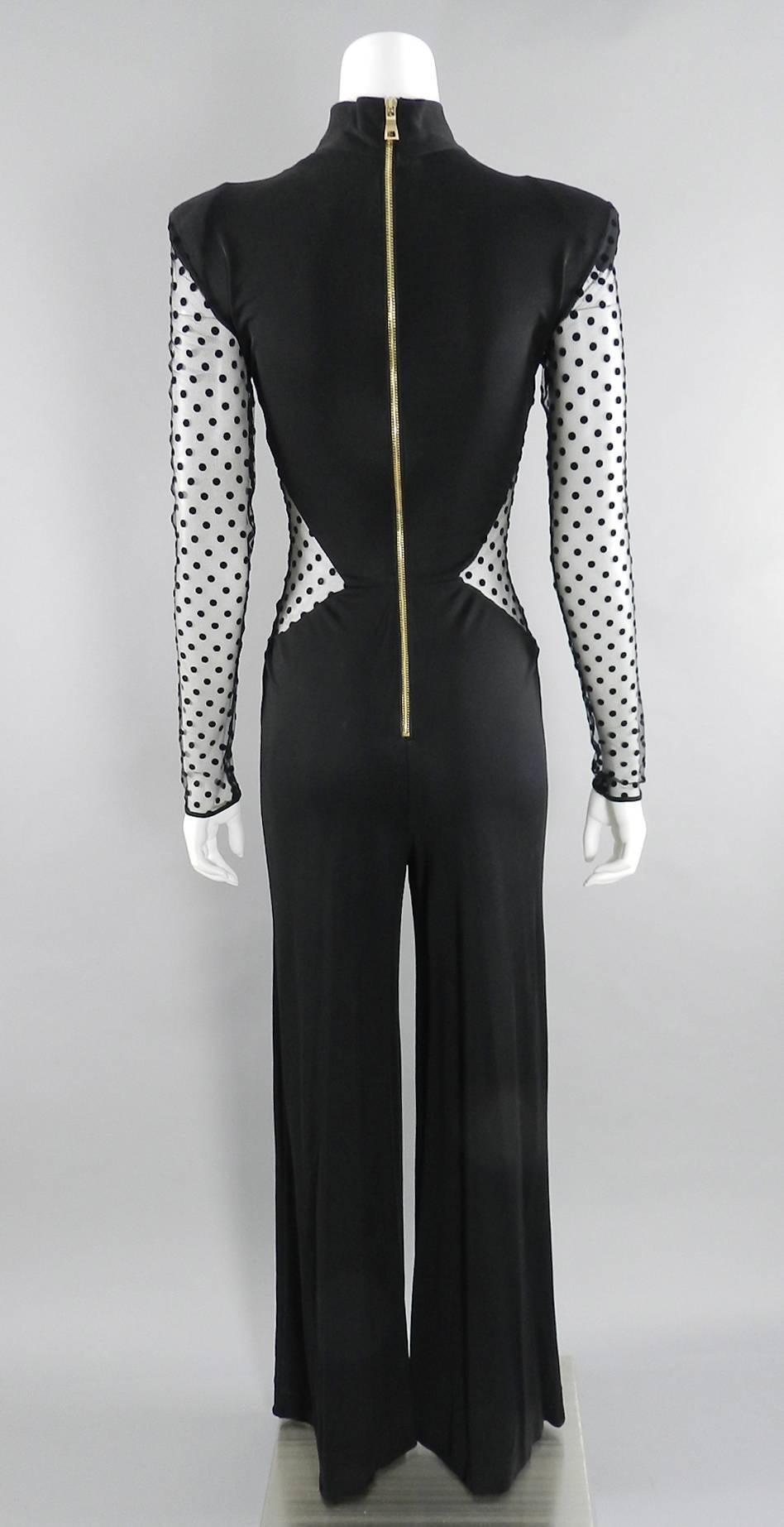 Women's Balmain Pre-fall 2015 Black Polkadot Mesh Panel Jumpsuit