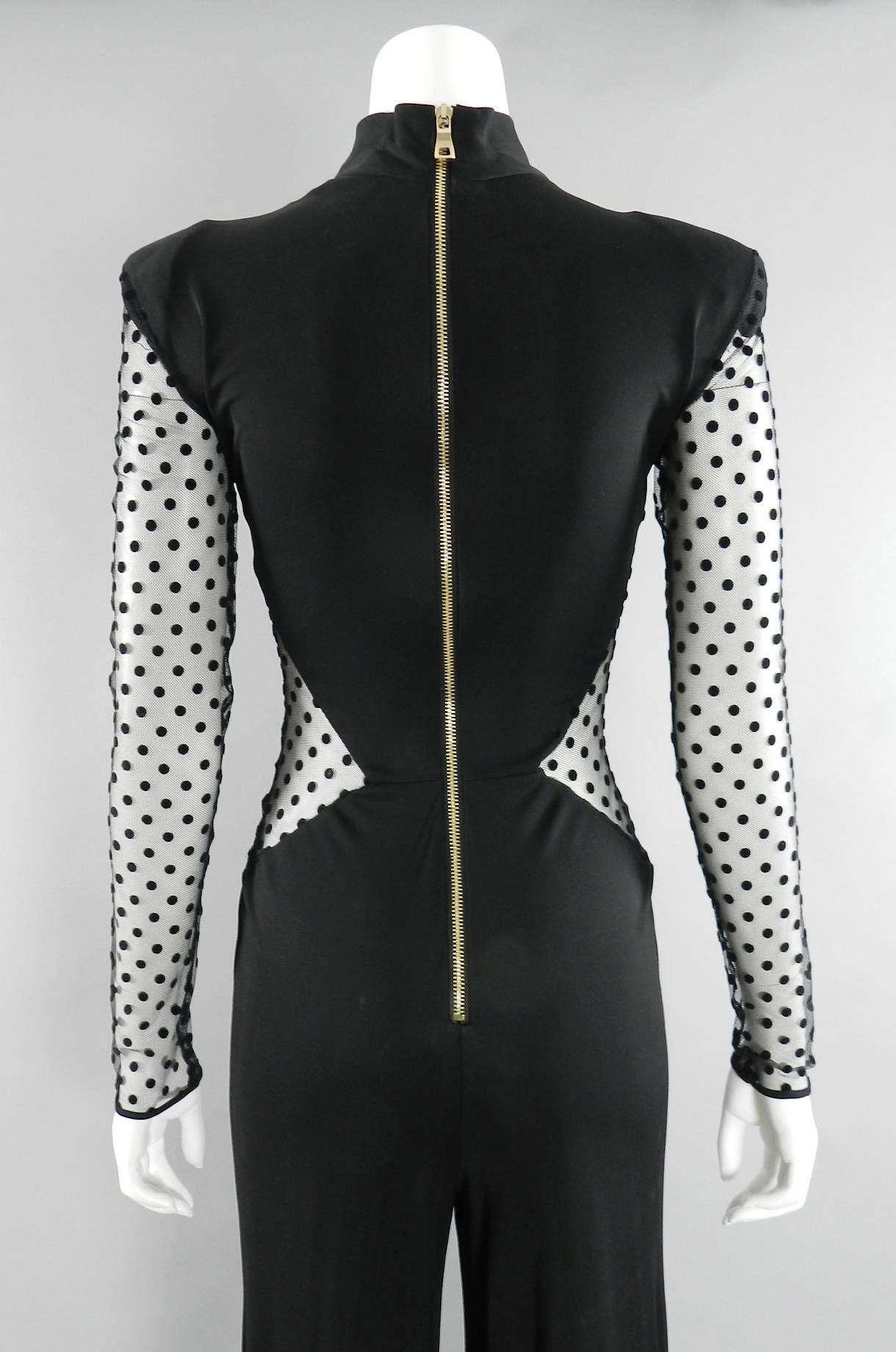 Balmain Pre-fall 2015 Black Polkadot Mesh Panel Jumpsuit 1