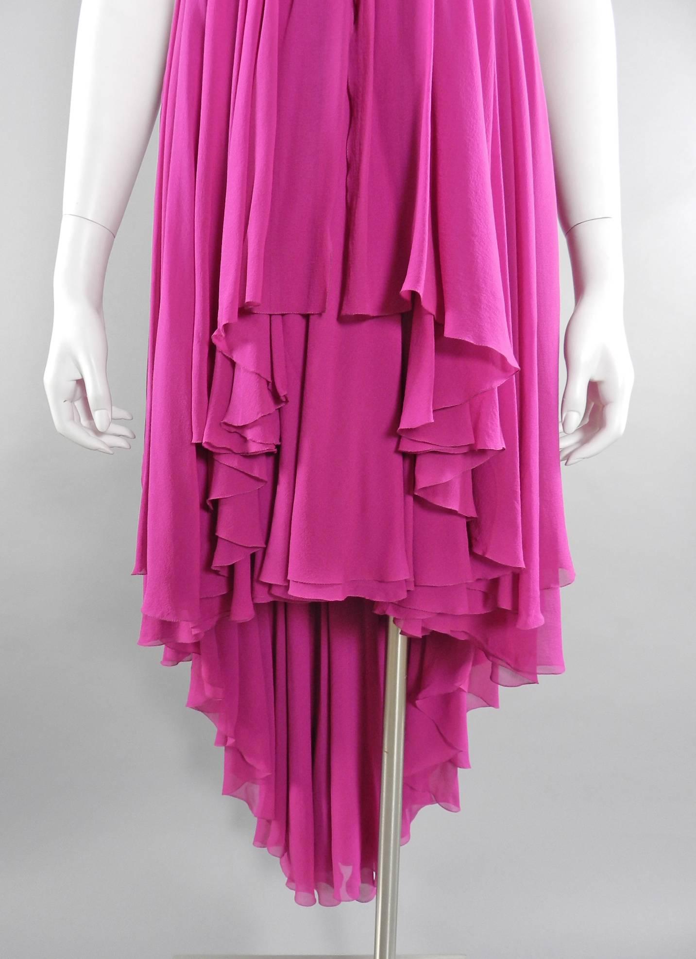 Karl Lagerfeld vintage 1985 Fuchsia and Ivory Strapless Silk cocktail Dress.  Ivory boned bodice with ruched silk, layered vibrant fuchsia silk chiffon skirt, covered buttons at back. Excellent clean condition.  Front has shorter cocktail mini