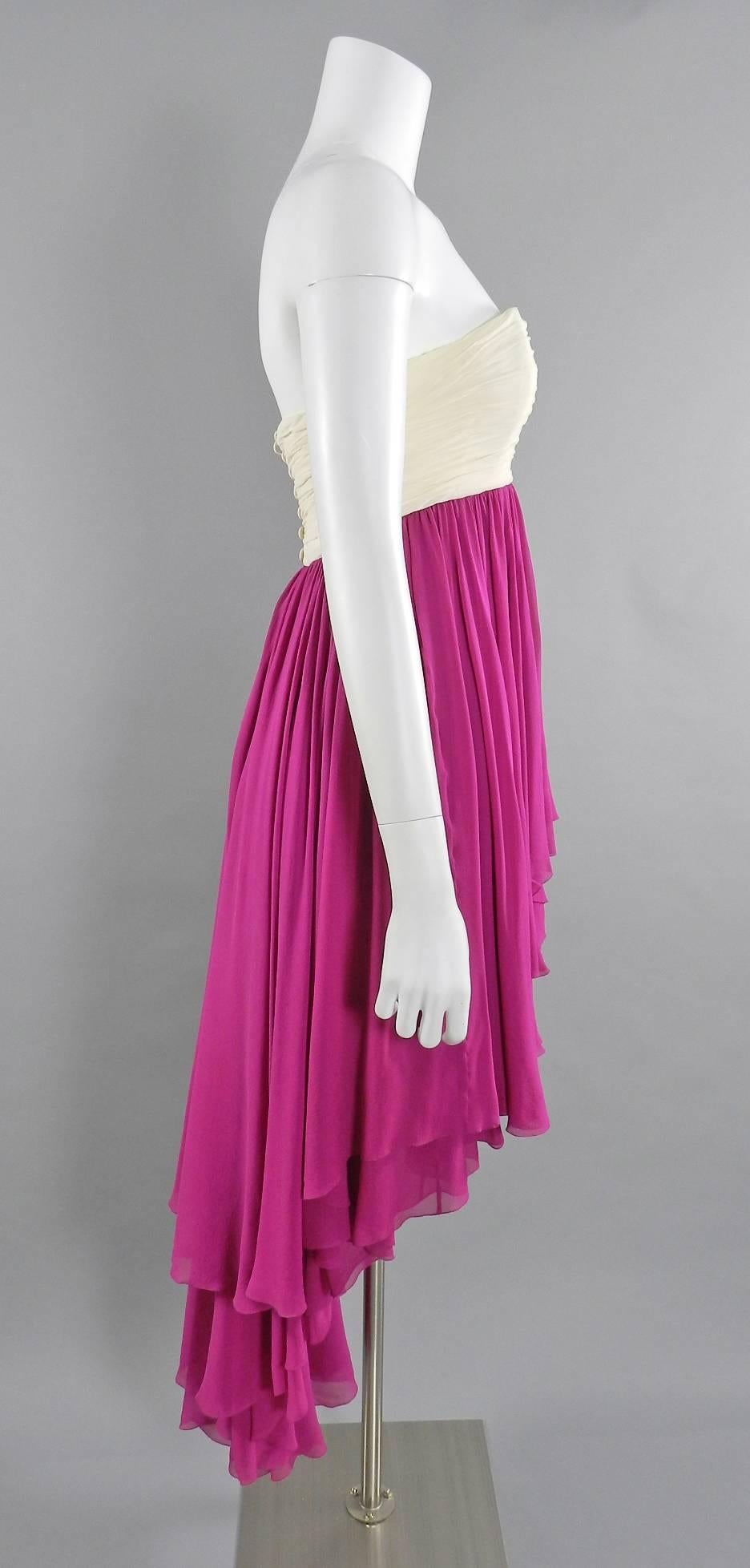 Purple Karl Lagerfeld vintage 1985 Fuchsia and Ivory Strapless Silk cocktail Dress For Sale