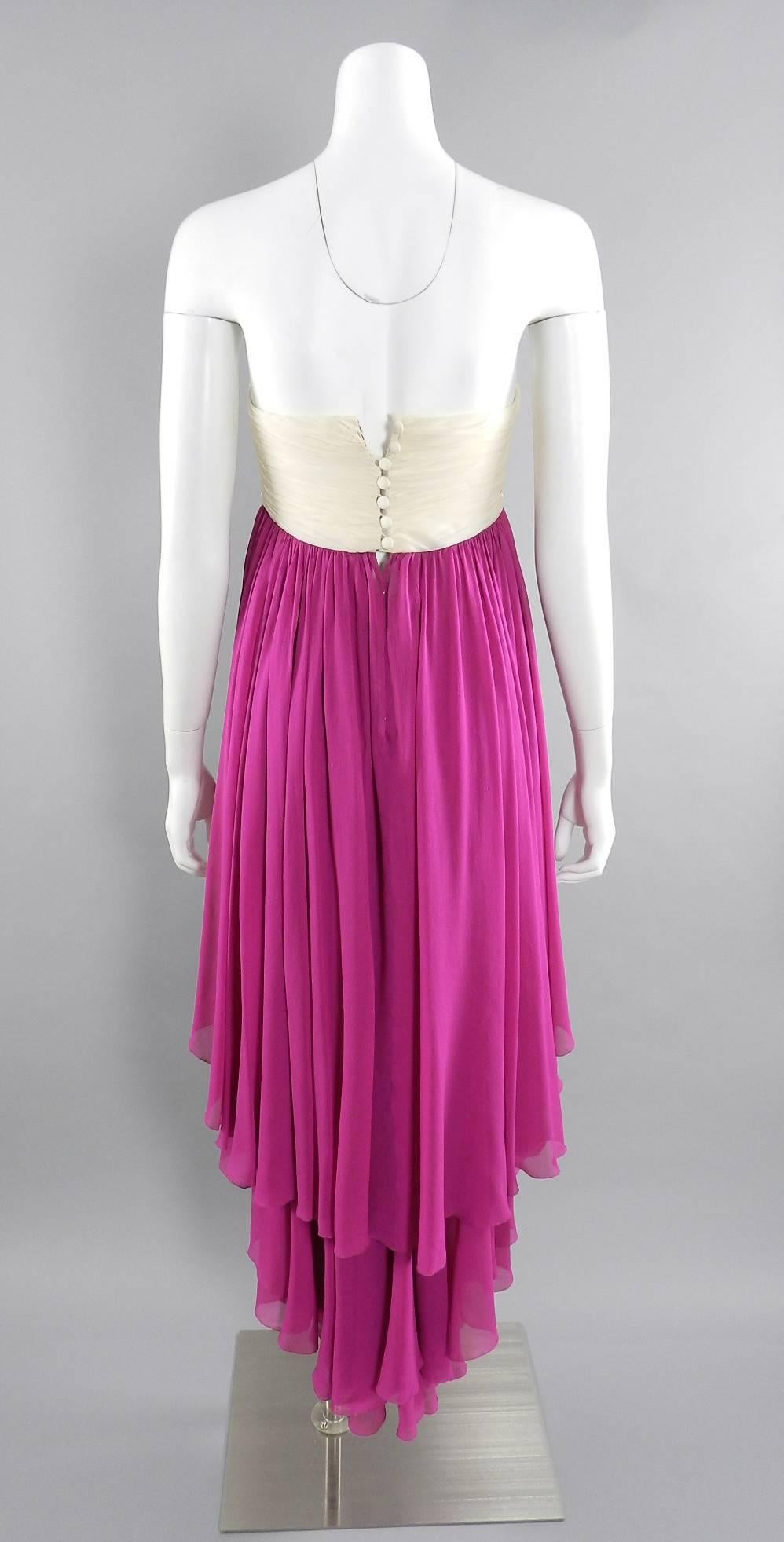 Karl Lagerfeld vintage 1985 Fuchsia and Ivory Strapless Silk cocktail Dress In Excellent Condition For Sale In Toronto, ON