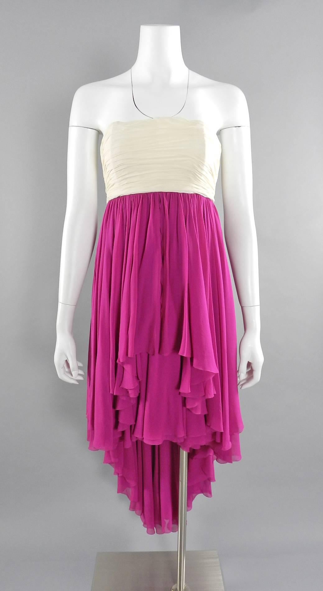 Karl Lagerfeld vintage 1985 Fuchsia and Ivory Strapless Silk cocktail Dress For Sale 4