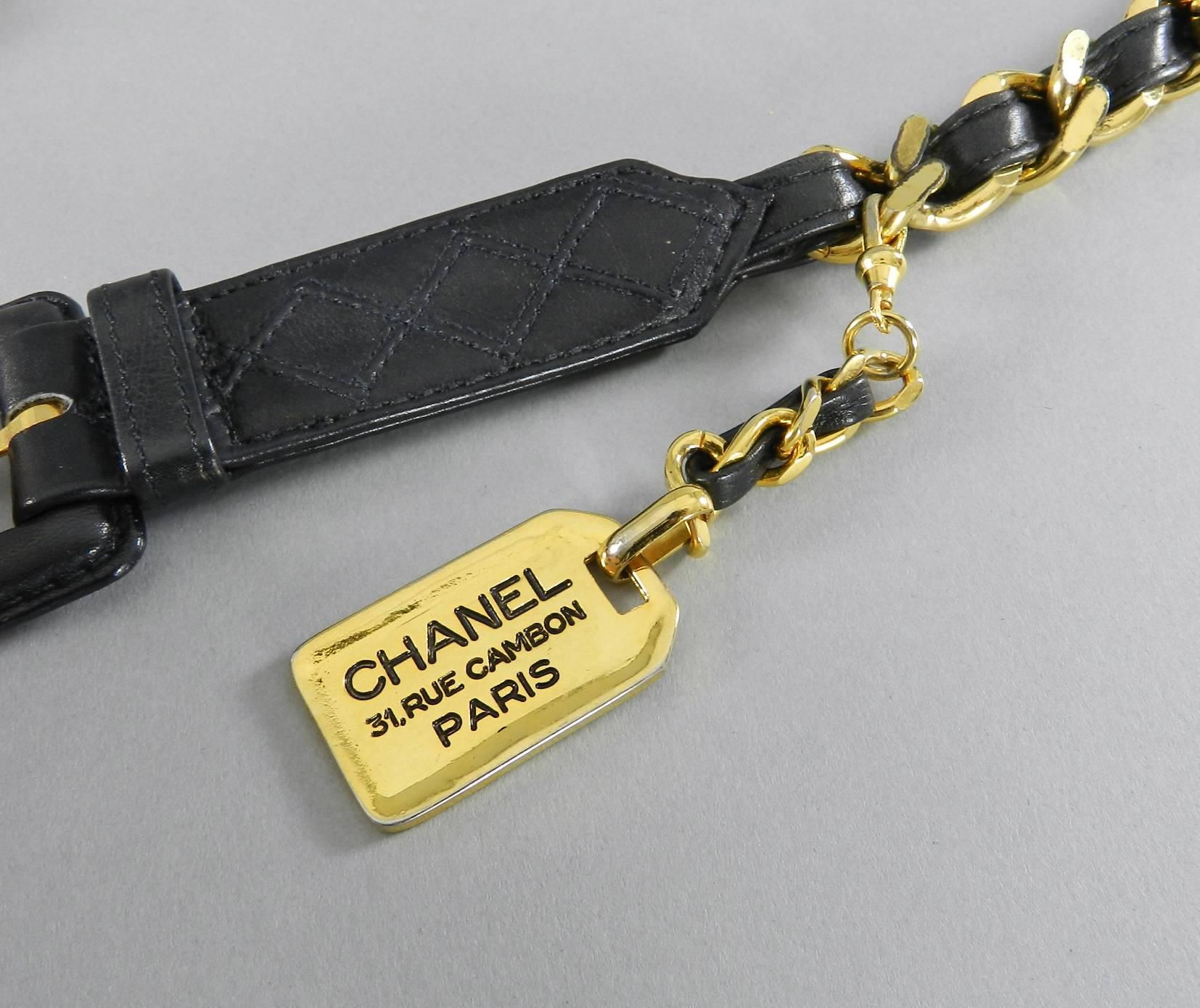 Black Chanel Vintage 1980's goldtone Chain Lambskin Leather Belt With Luggage Tag
