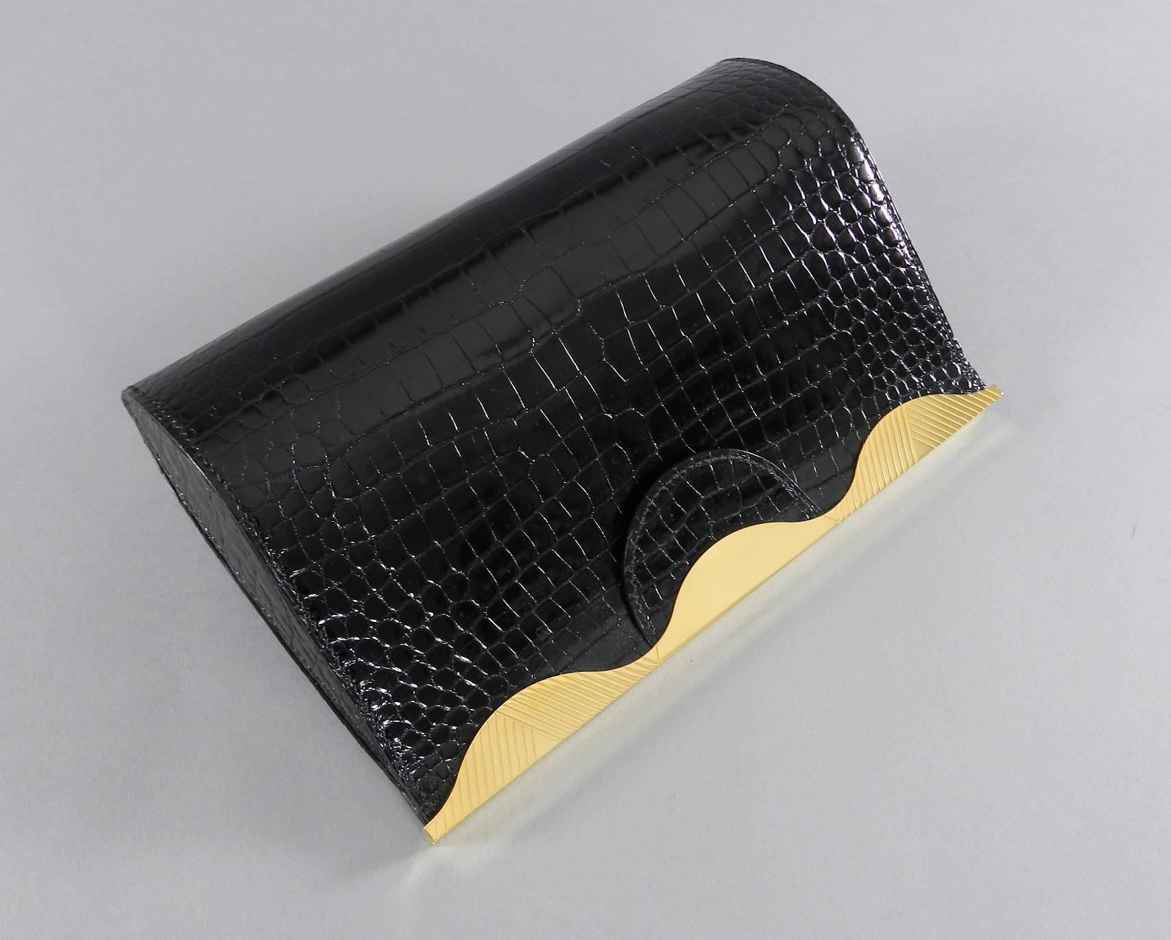Women's Hermes Vintage 1998 Limited Edition Black Crocodile Clutch with Gold Frame