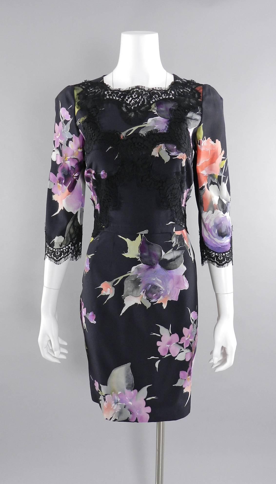 Dolce and Gabbana Purple and Red Silk Roses Dress with Black Lace  4