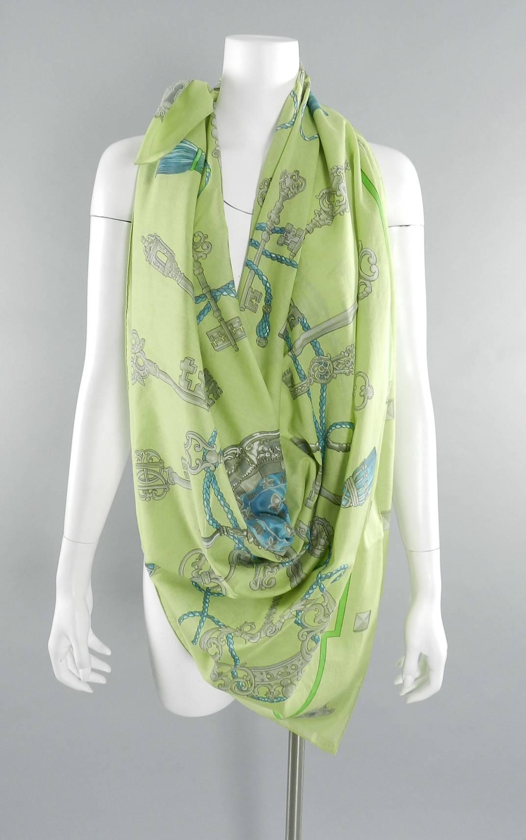 HERMES Lime Green Light Cotton 140 cm Pareo / Shawl / Wrap.  Design is  