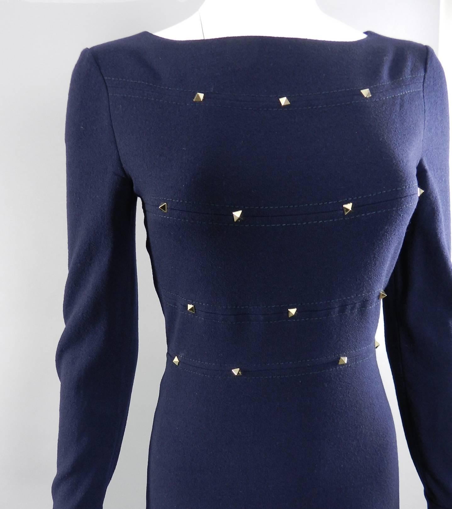 Valentino navy dress with gold rock stud decoration. Centre back zipper, long sleeves, lined.  Excellent clean pre-owned condition - worn once.  Size USA 6. To fit 34" at bust, 28-29" waist, 37-38" hip, shoulder seams 15", sleeve