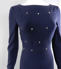 Valentino Navy Wool Long Sleeve Dress with Gold Rock Stud