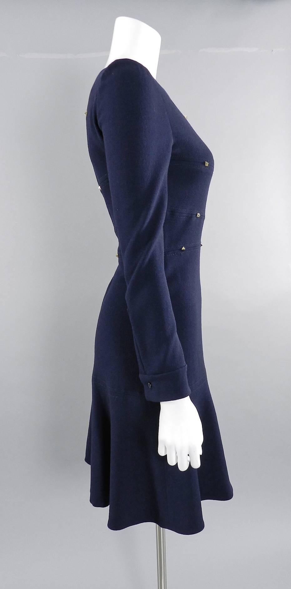 Women's Valentino Navy Wool Long Sleeve Dress with Gold Rock Stud