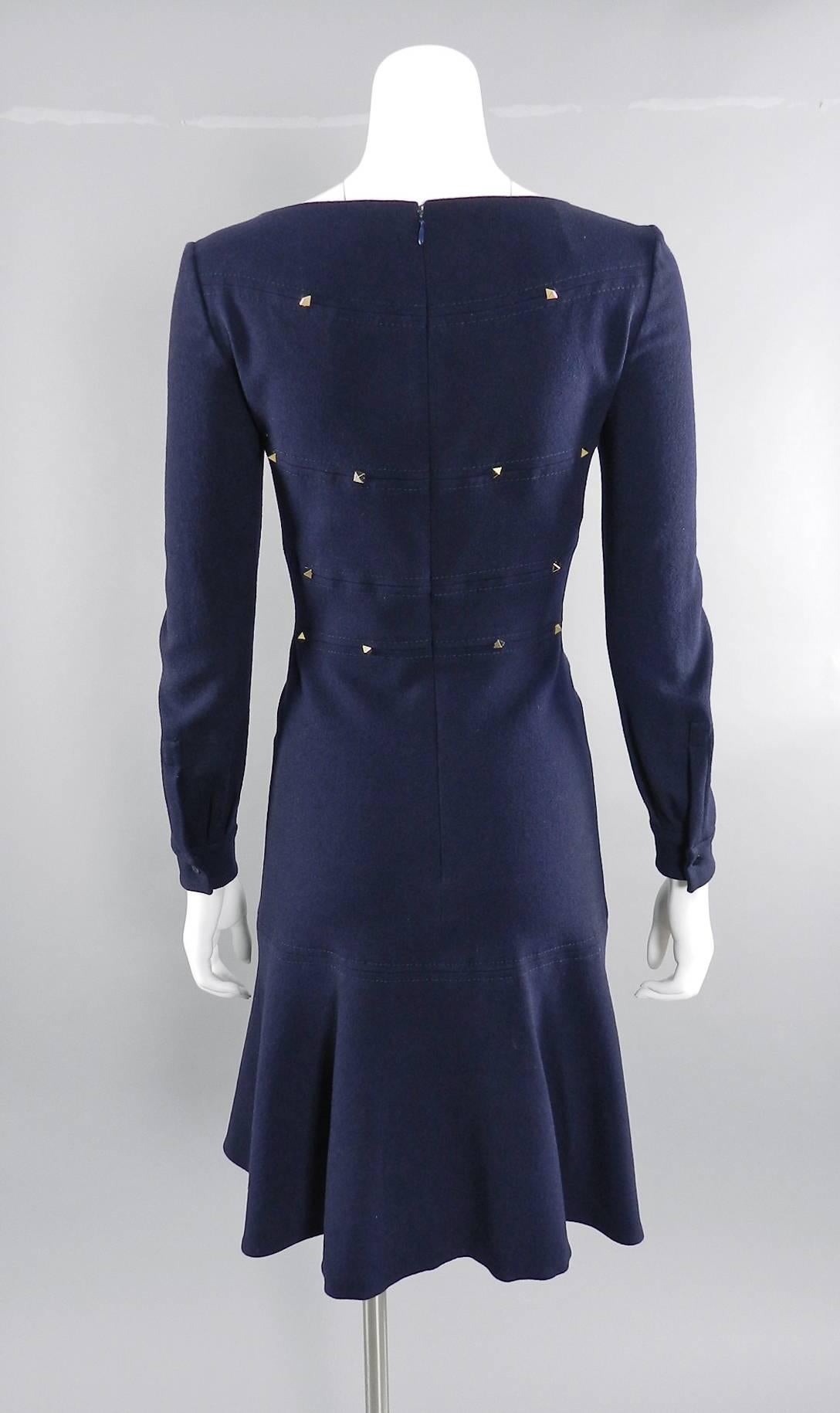 Valentino Navy Wool Long Sleeve Dress with Gold Rock Stud 1