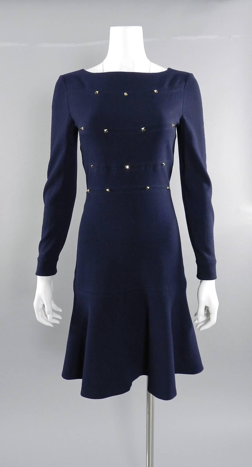 Valentino Navy Wool Long Sleeve Dress with Gold Rock Stud 2