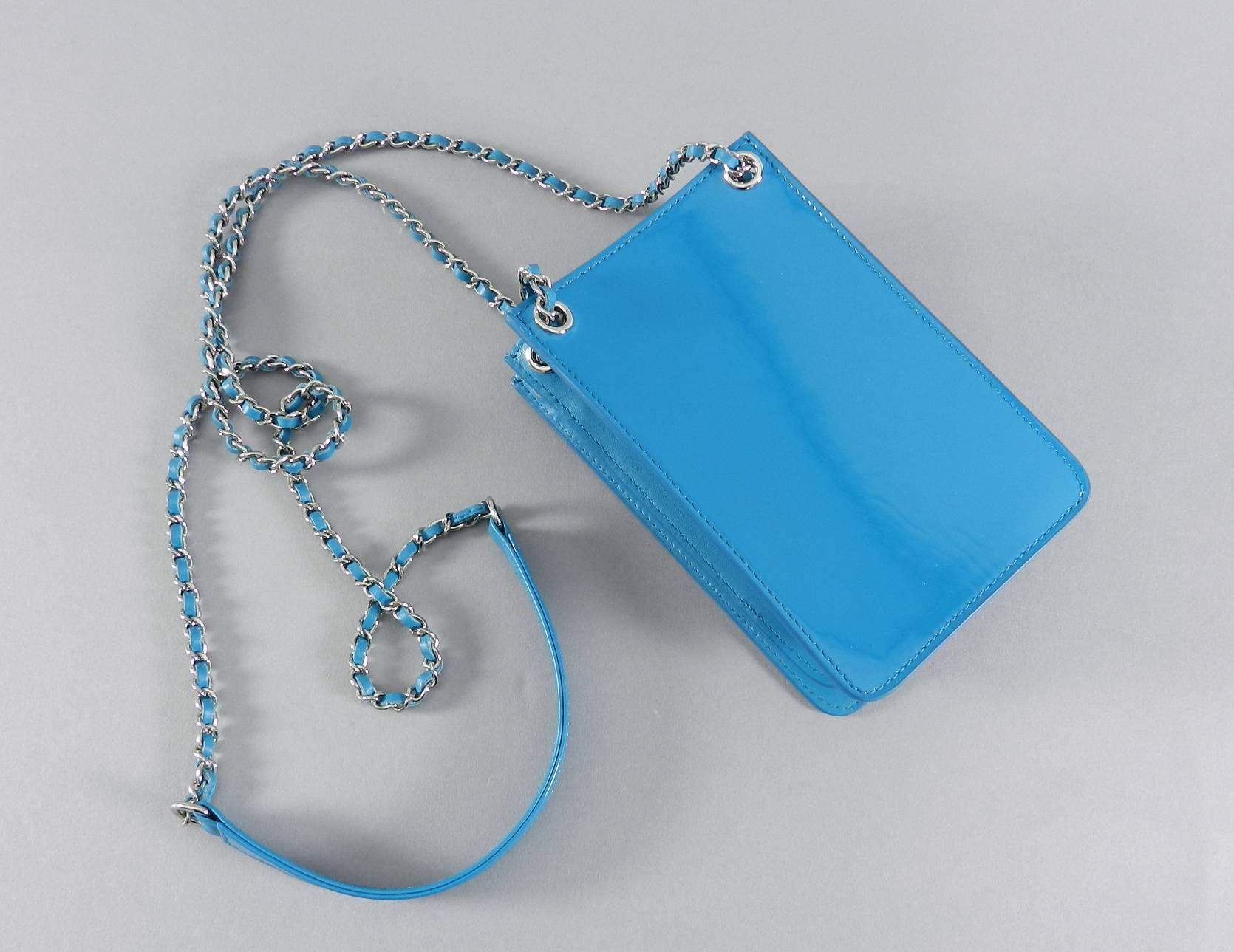 Blue Chanel 14P Runway Turquoise Patent Crossbody Phone Case / Bag
