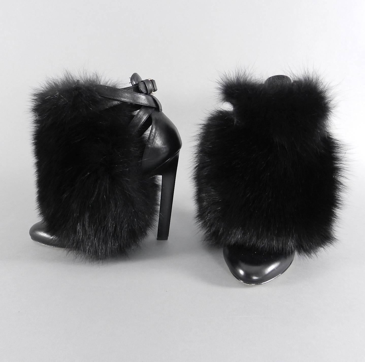 Brian Atwood Majoy black fox fur and leather ankle booties. High 5