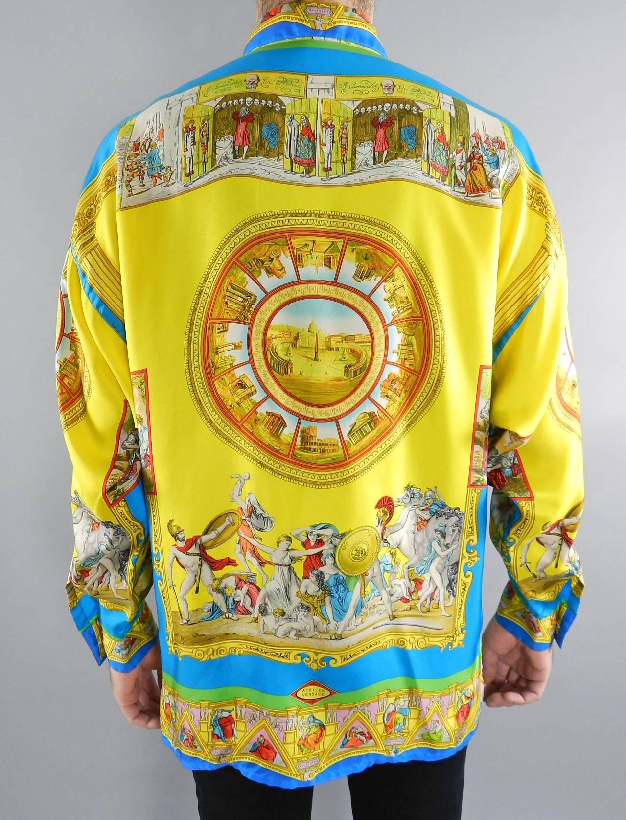 Gianni Versace / Atelier Versace 1993 men's silk printed shirt.  Renaissance  / Rome design with Classical buildings, Michelangelo, and Roman scenes. Main colors are bright yellow, turquoise, blue, green. Tagged size 48 (USA S/M). 25