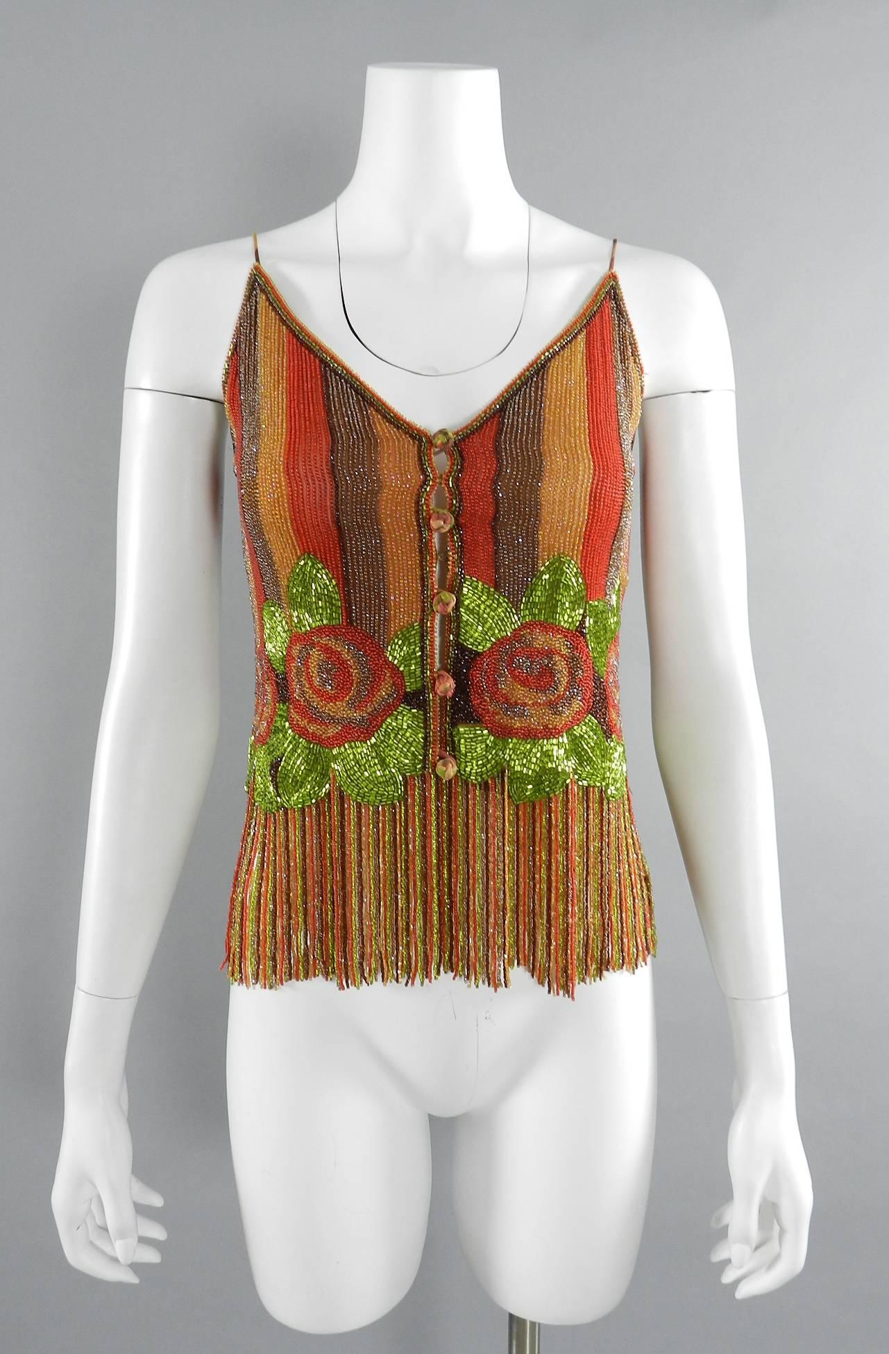 Vintage 1970's Galanos Beaded Strappy Evening Top with Fringe.  Heavy fully beaded top with rose design. Lime green, brick red, brown, burnt orange. Lined with silk chiffon and fastens at front with knotted silk buttons and hook and eye closures.