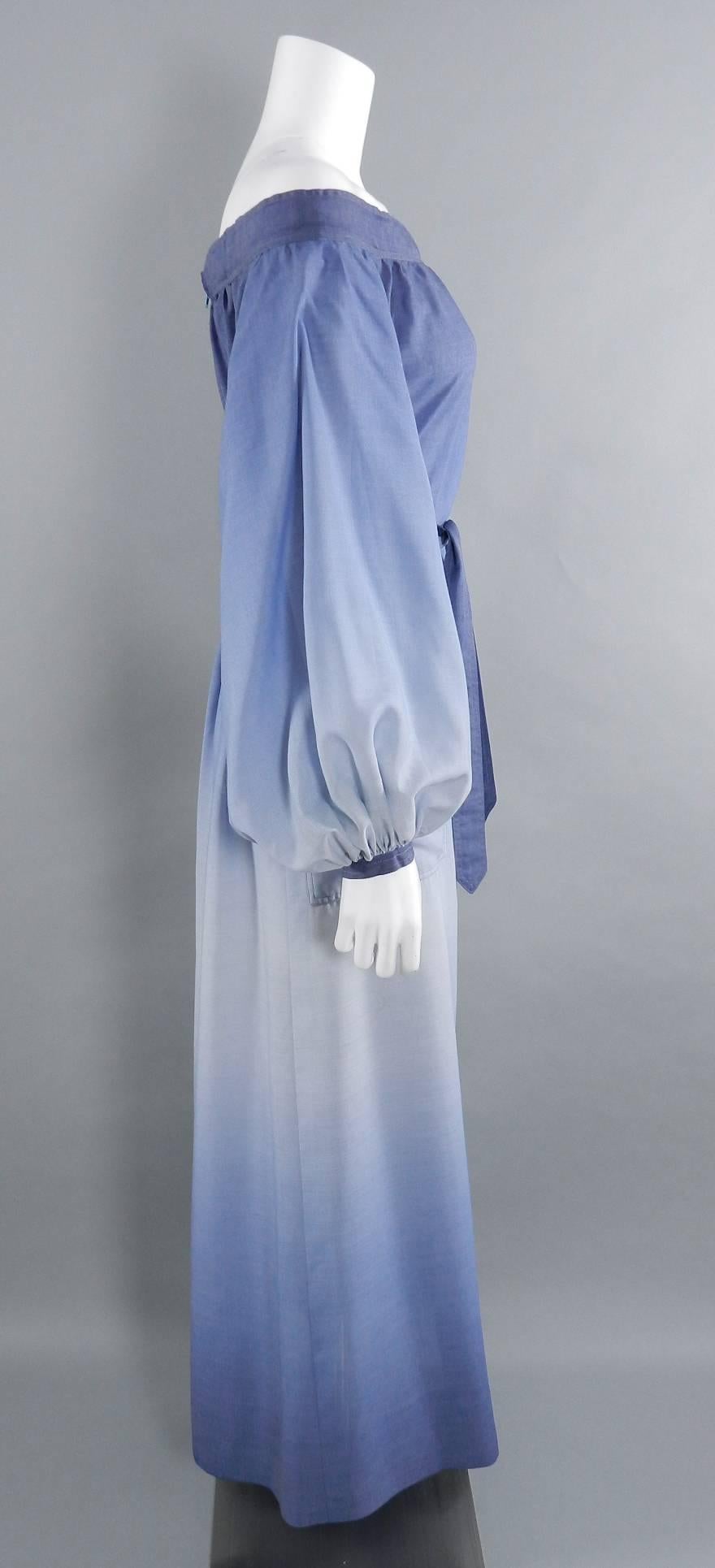 Vintage Givenchy Nouvelle Boutique Blue Ombre Off Shoulder Gown / Maxi dress. Circa later 1970's or early 1980's. 100% light cotton. Blouson / poet sleeves with fitted cuff. Straight-cut body that fits at waist with sash belt, off-shoulder neckline,