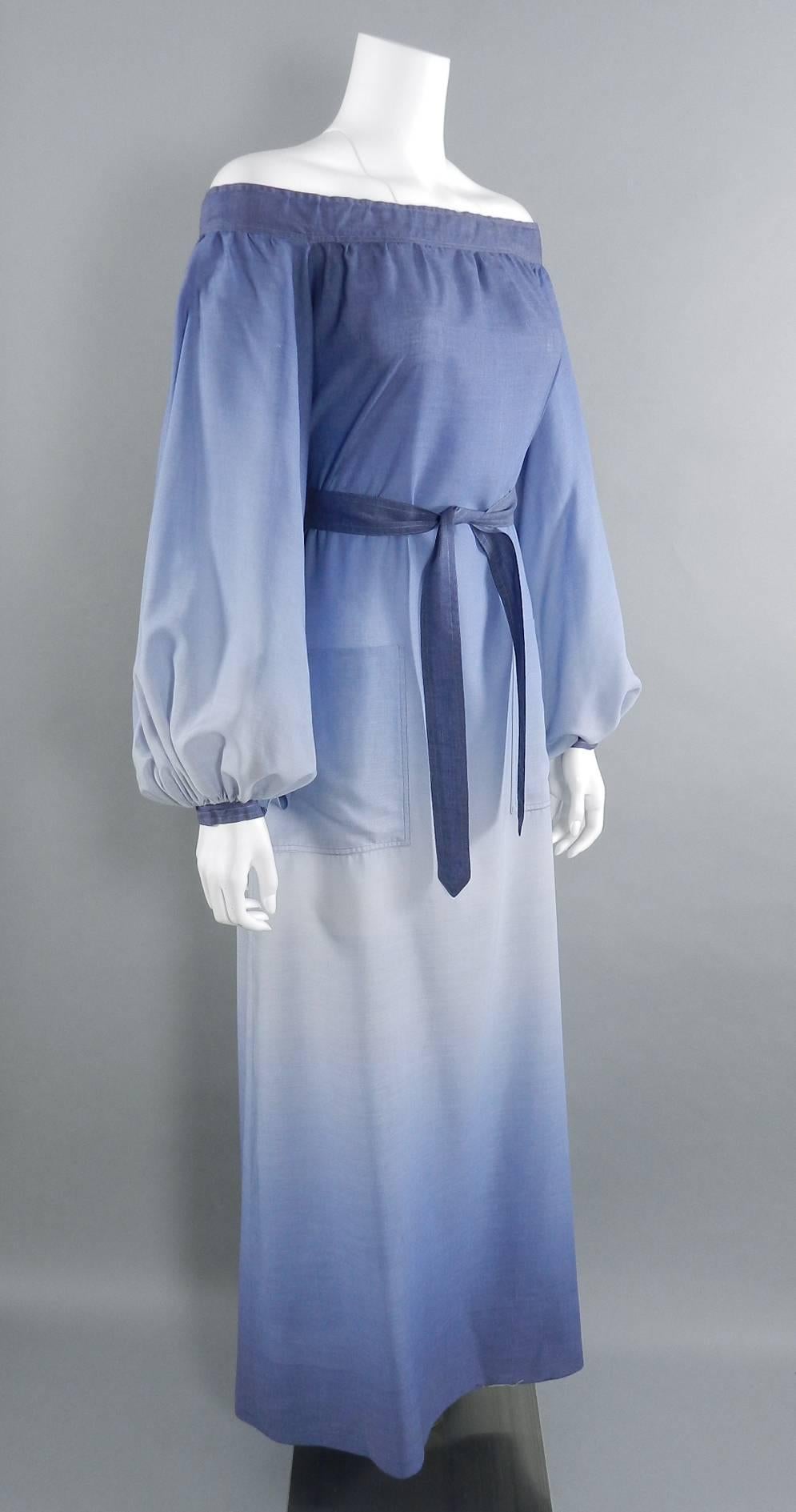 Vintage 1970's Givenchy Nouvelle Boutique Blue Ombre Off Shoulder Gown In Excellent Condition In Toronto, ON