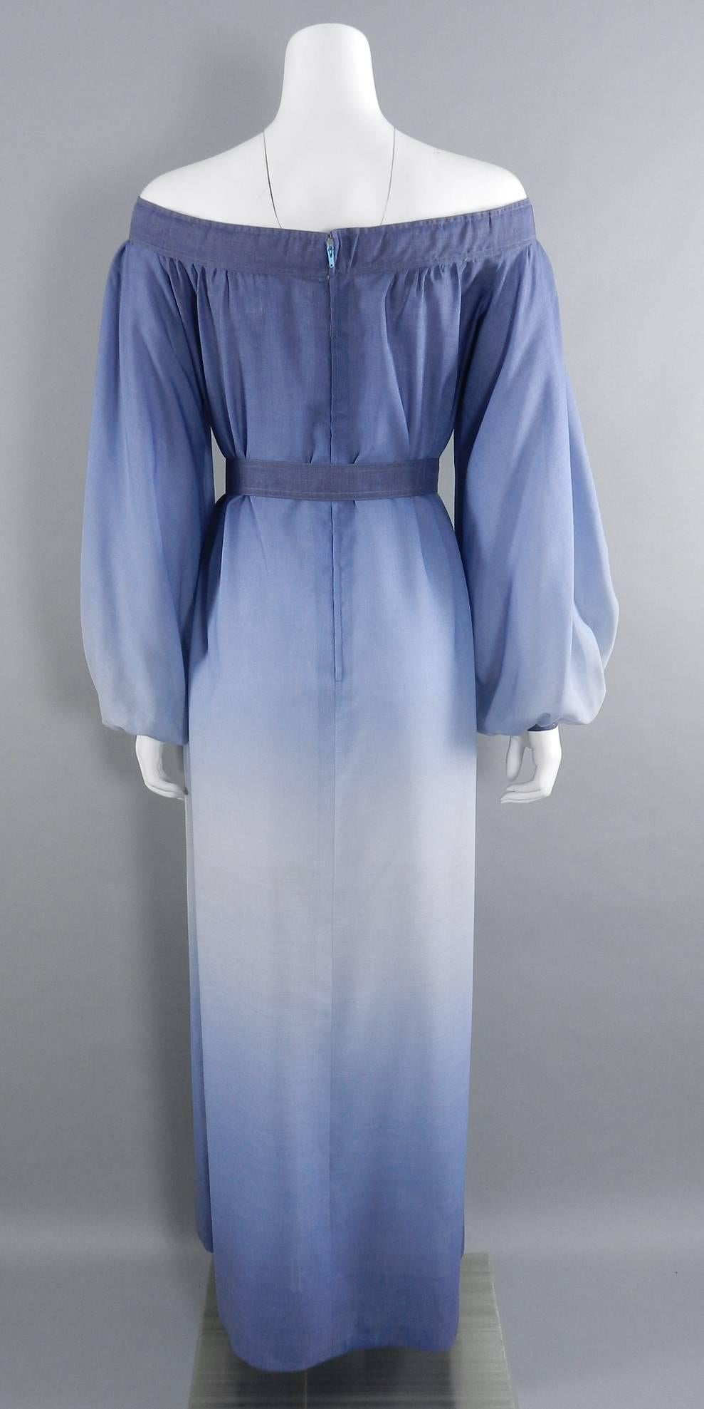 Women's Vintage 1970's Givenchy Nouvelle Boutique Blue Ombre Off Shoulder Gown