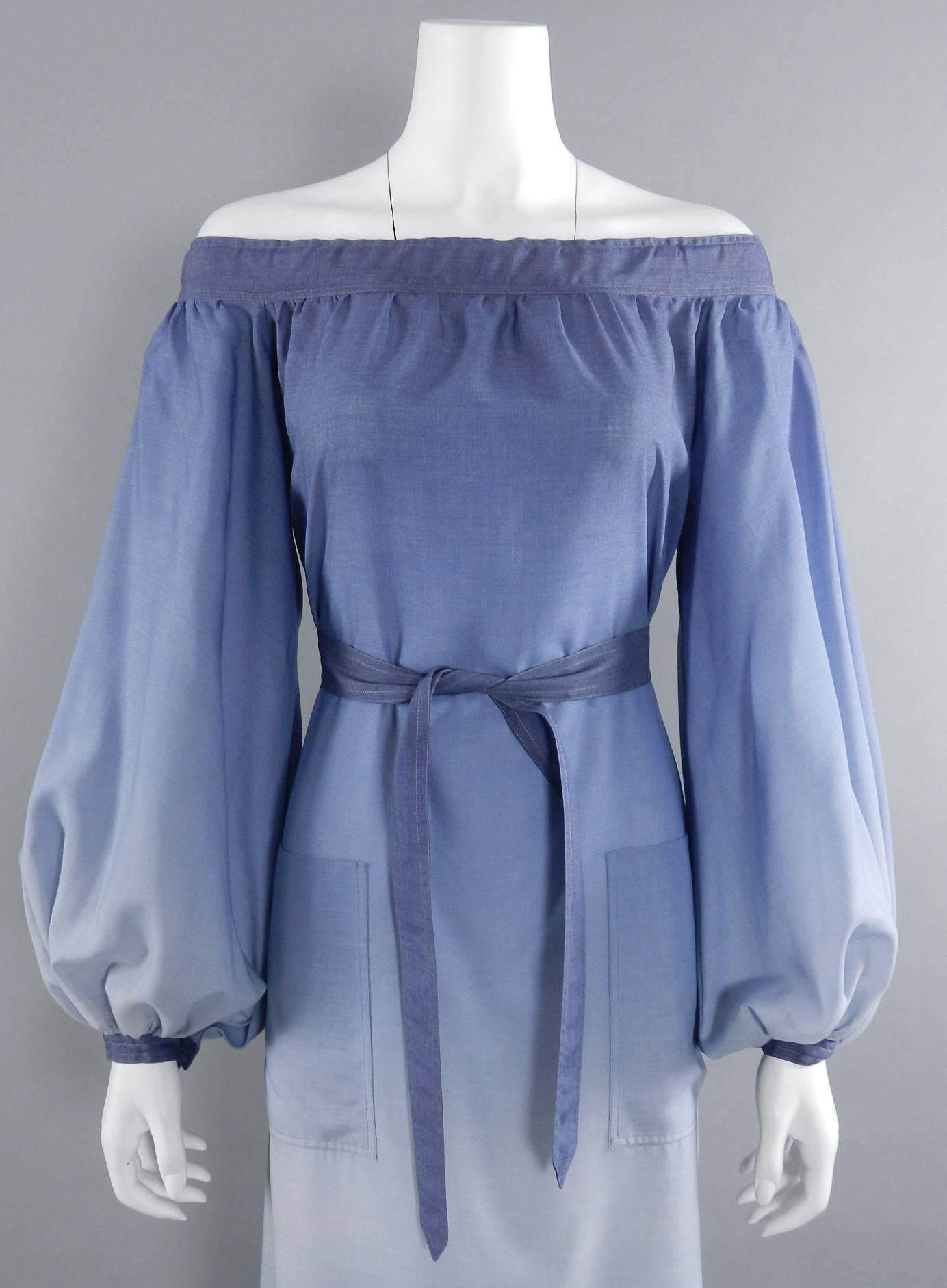 Vintage 1970's Givenchy Nouvelle Boutique Blue Ombre Off Shoulder Gown 1
