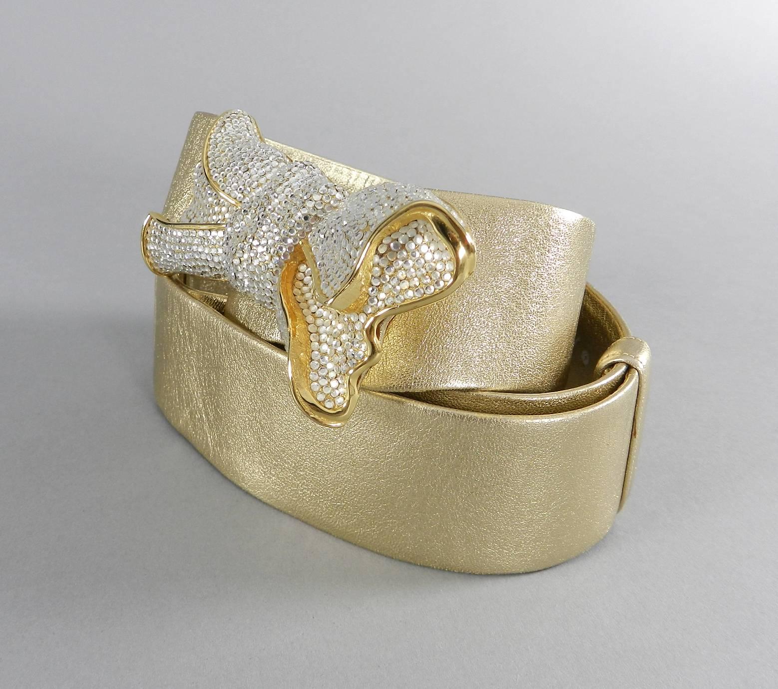 judith leiber 1980's Gold leather and Swarovski Crystal Bow Belt 1