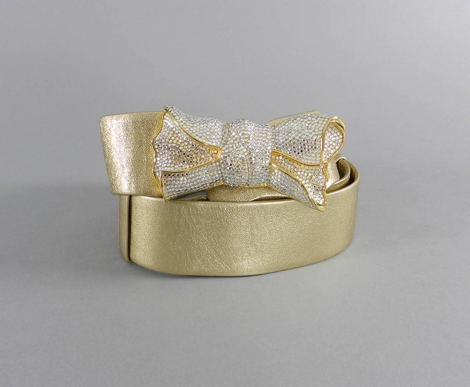 judith leiber 1980's Gold leather and Swarovski Crystal Bow Belt 3