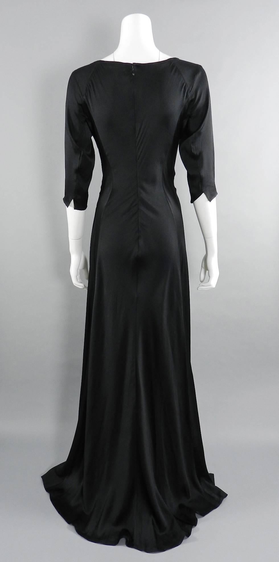 Yohji Yamamoto Long Black Silk Satin Gown with train.  Scoop neckline, 3/4 length sleeves, centre back zipper. 100% silk. Tagged size Yohji 3 (about USA 8). Garment bust to fit 34/35