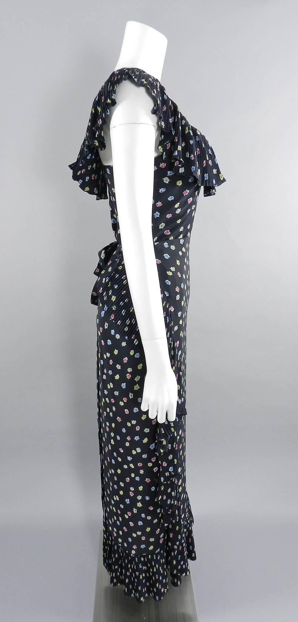 Black Chloe vintage 1970's Silk Ruffle Wrap skirt and Top Set