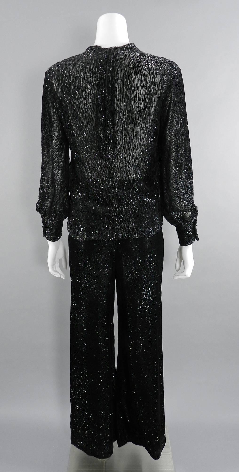 Vintage 1970's Yves Saint Laurent Black Shimmer Pants Suit In Excellent Condition In Toronto, ON