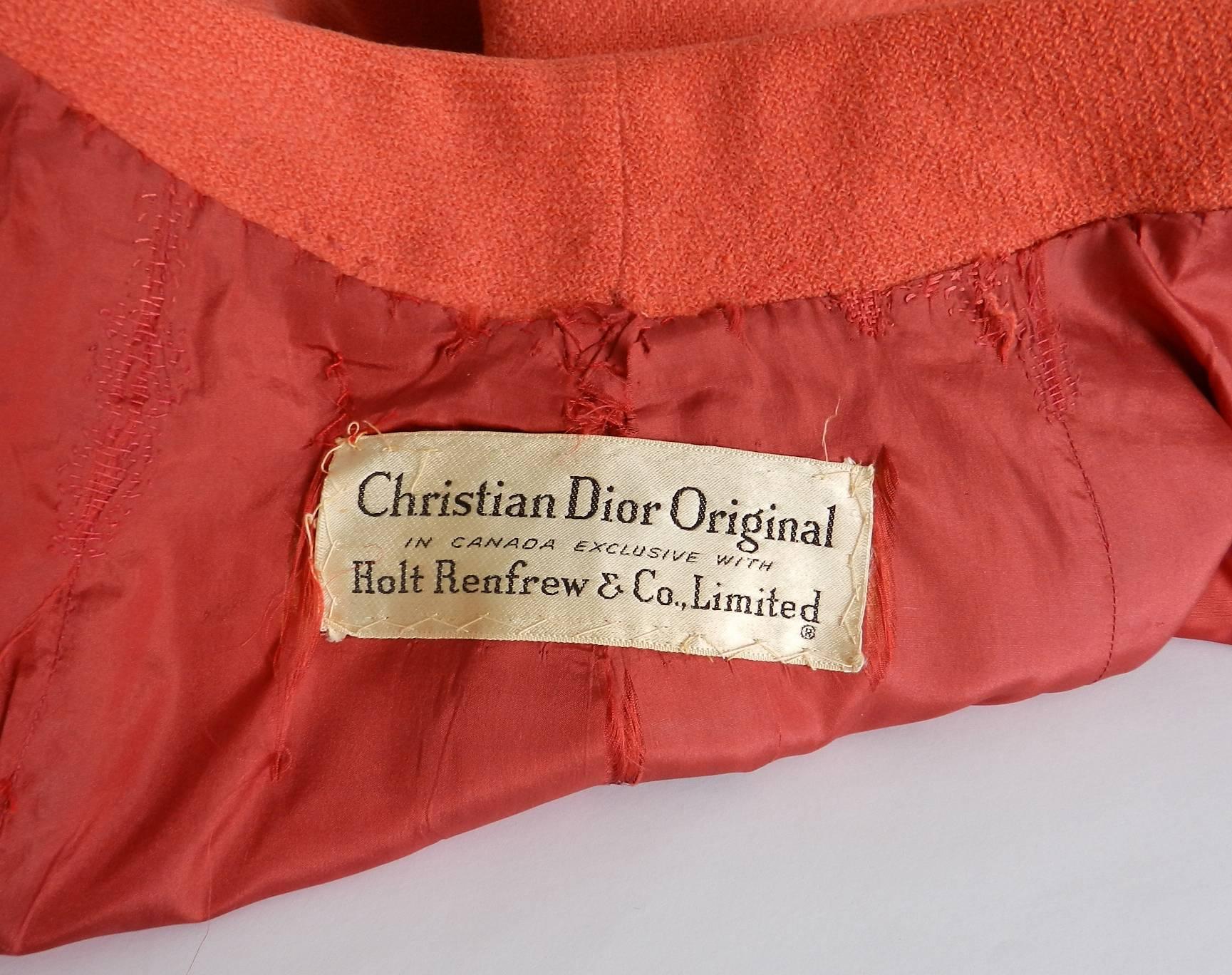 Christian Dior 1950's Salmon Wool Coat In Excellent Condition In Toronto, ON