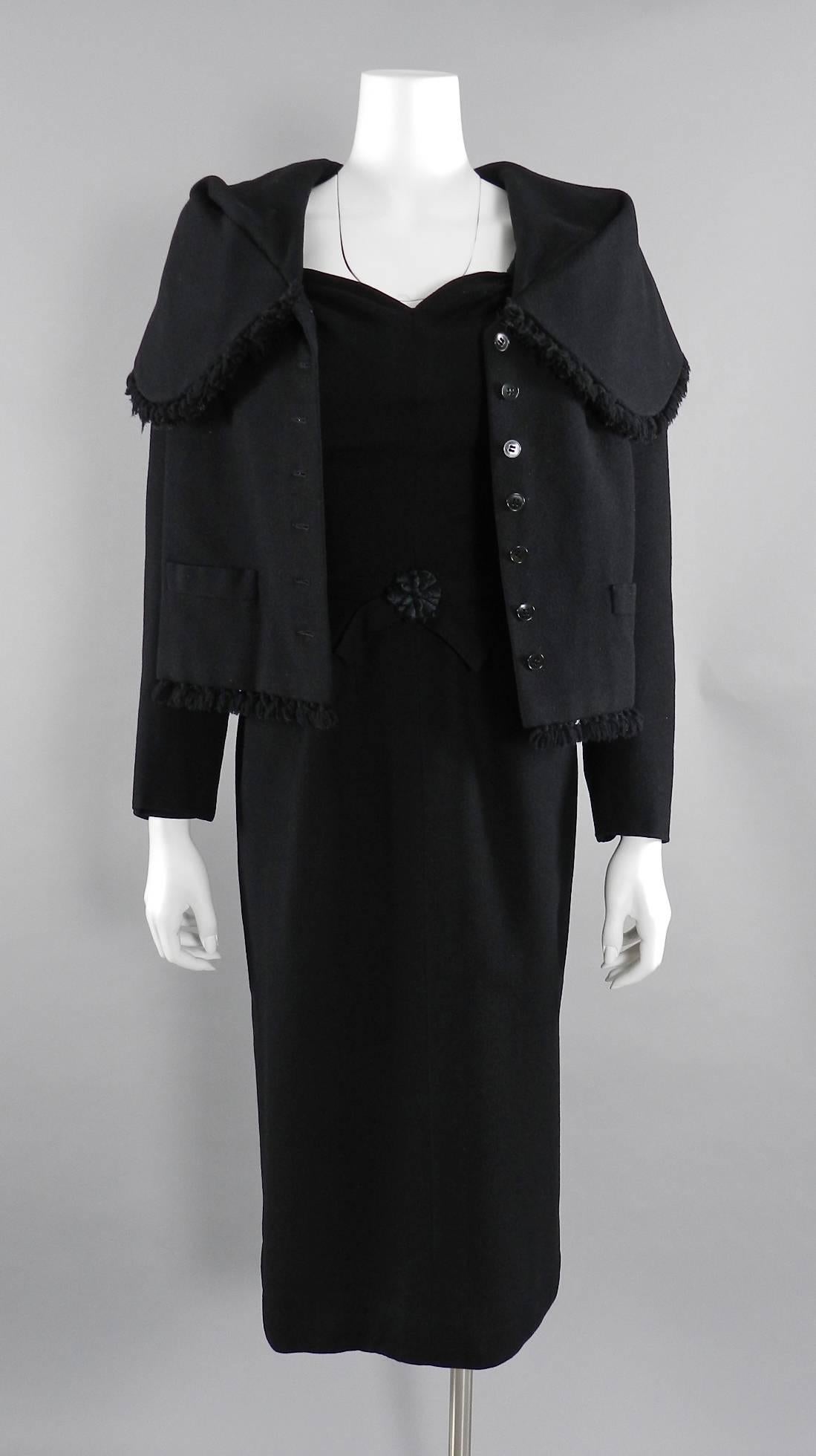 Jacques Fath 1950's Black Wool Dress and Jacket Suit In Excellent Condition In Toronto, ON