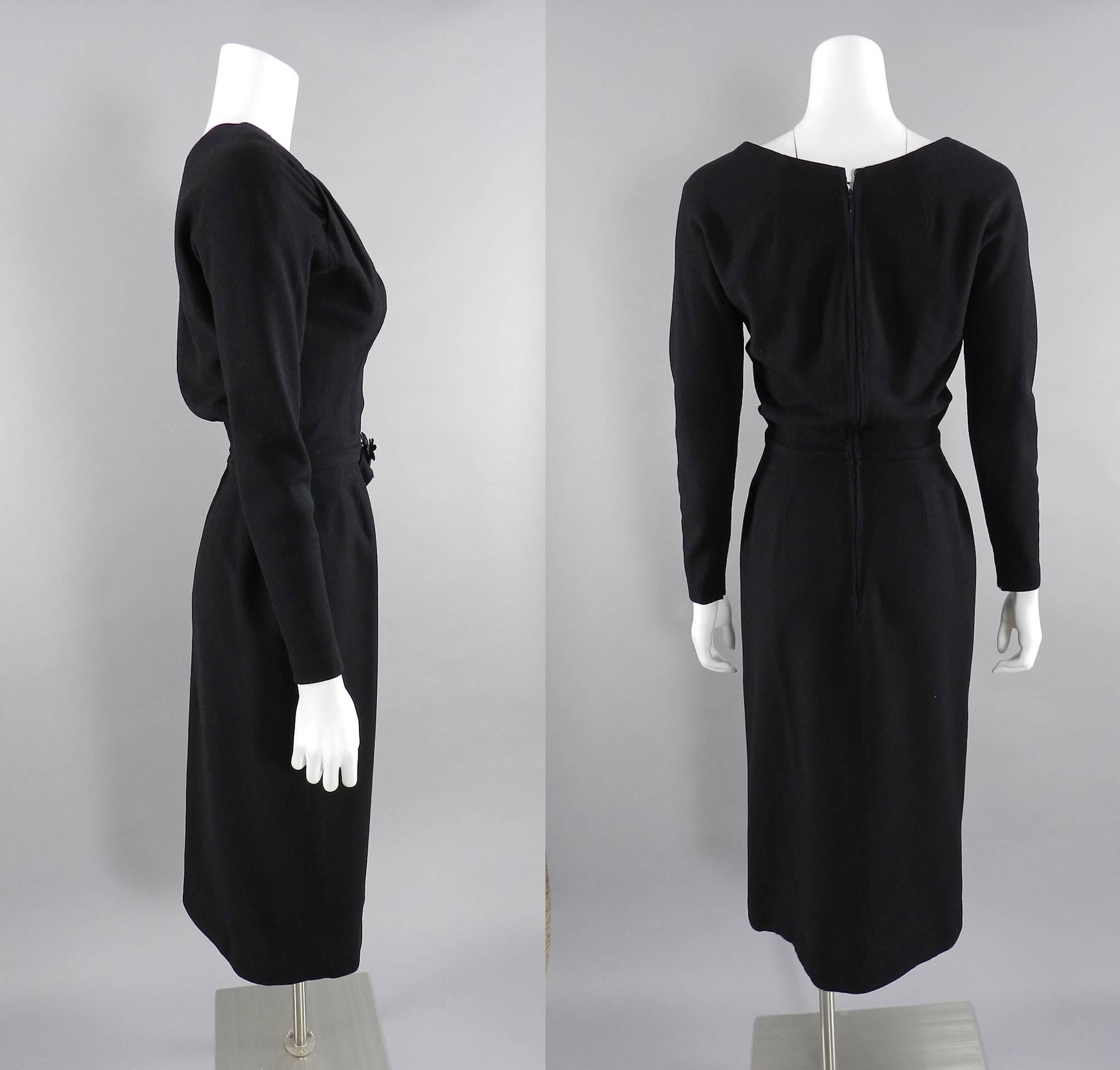 Women's Jacques Fath 1950's Black Wool Dress and Jacket Suit