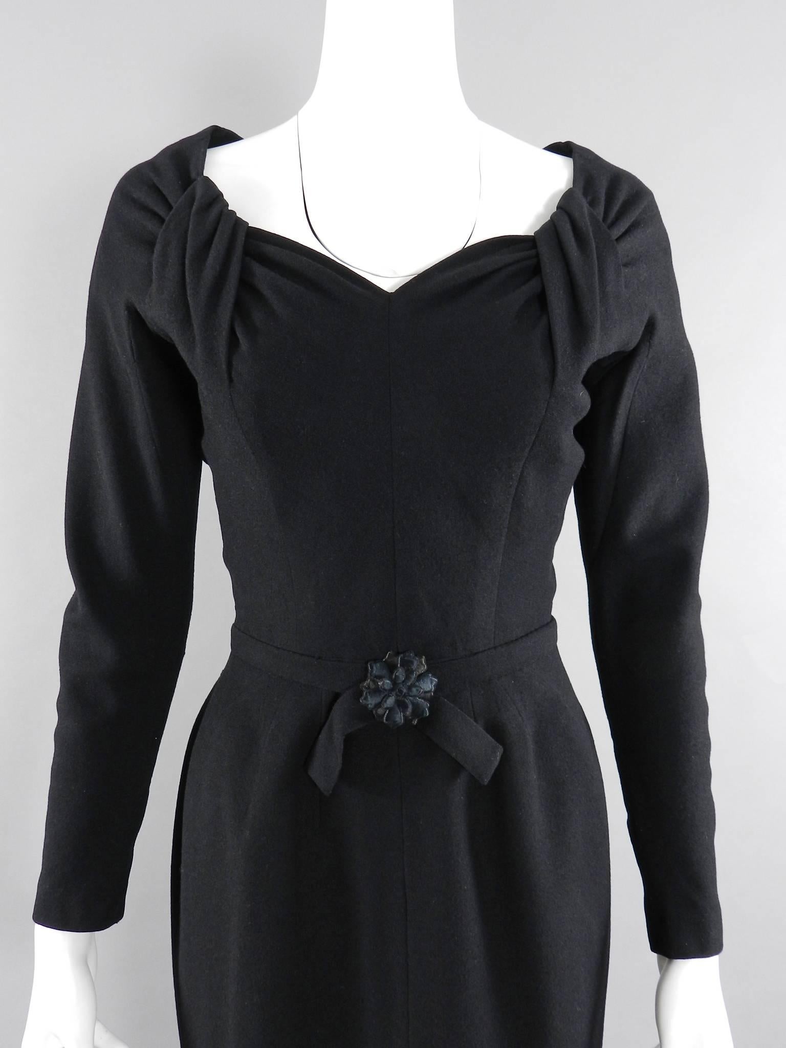 Jacques Fath 1950's Black Wool Dress and Jacket Suit 2