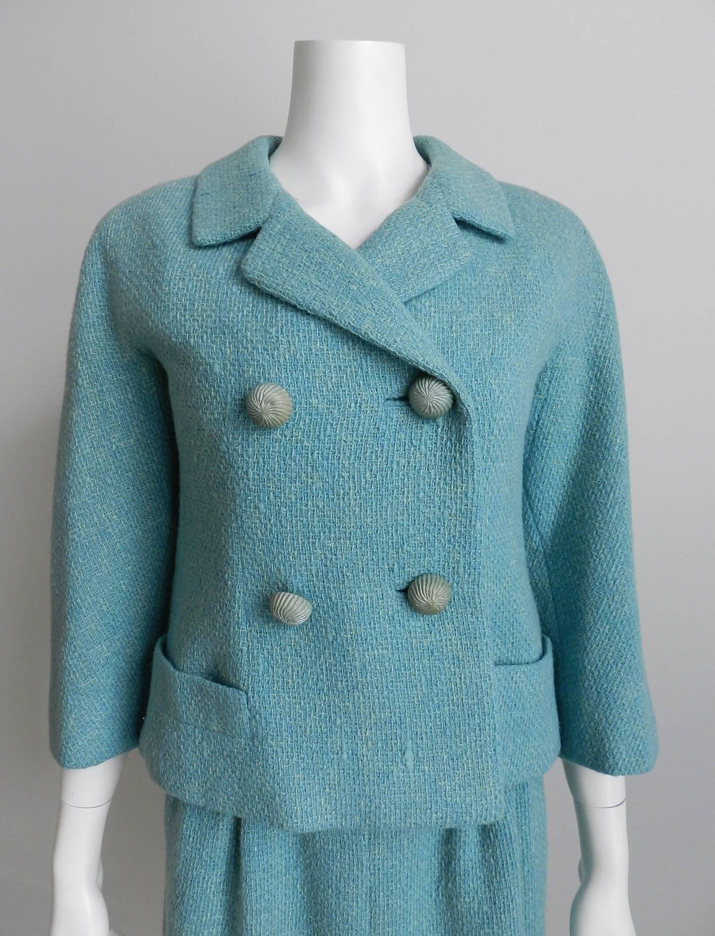 Christian Dior by Yves Saint Laurent 1960 Blue Dress and Jacket Suit In Excellent Condition In Toronto, ON