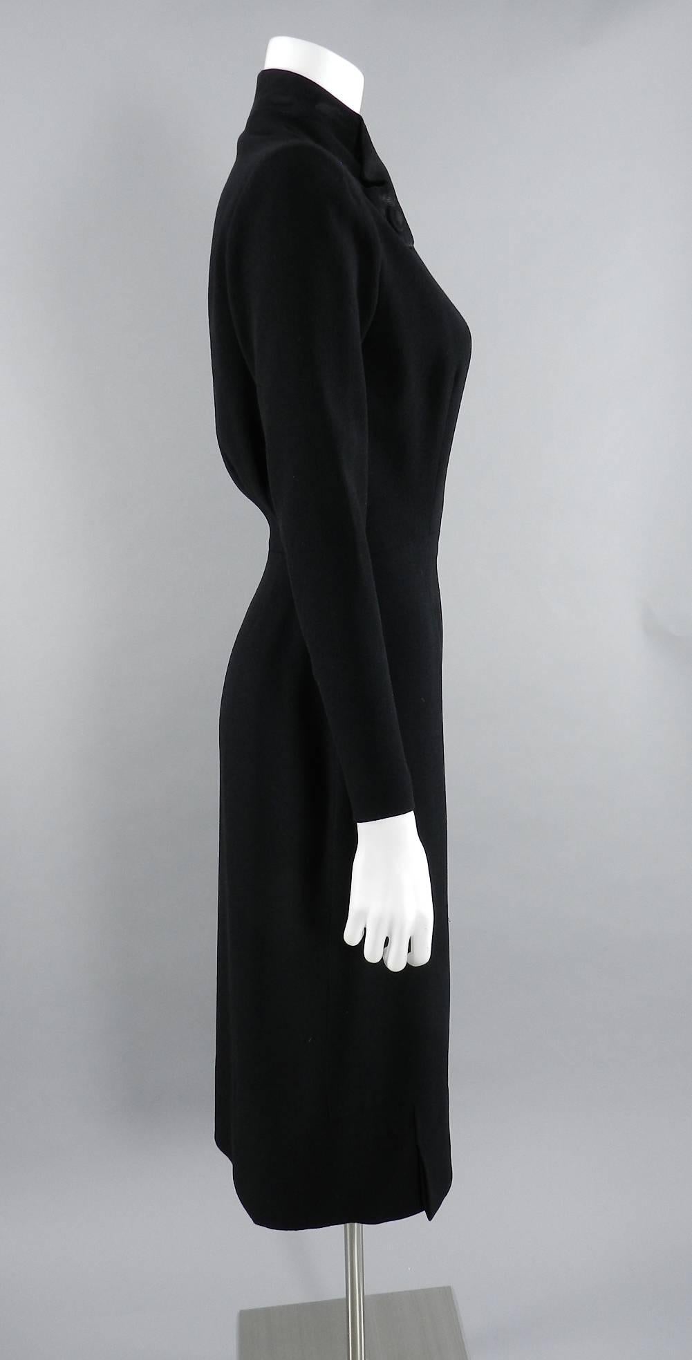 Pierre Balmain Haute Couture Black Wool Dress, 1950s  In Excellent Condition For Sale In Toronto, ON