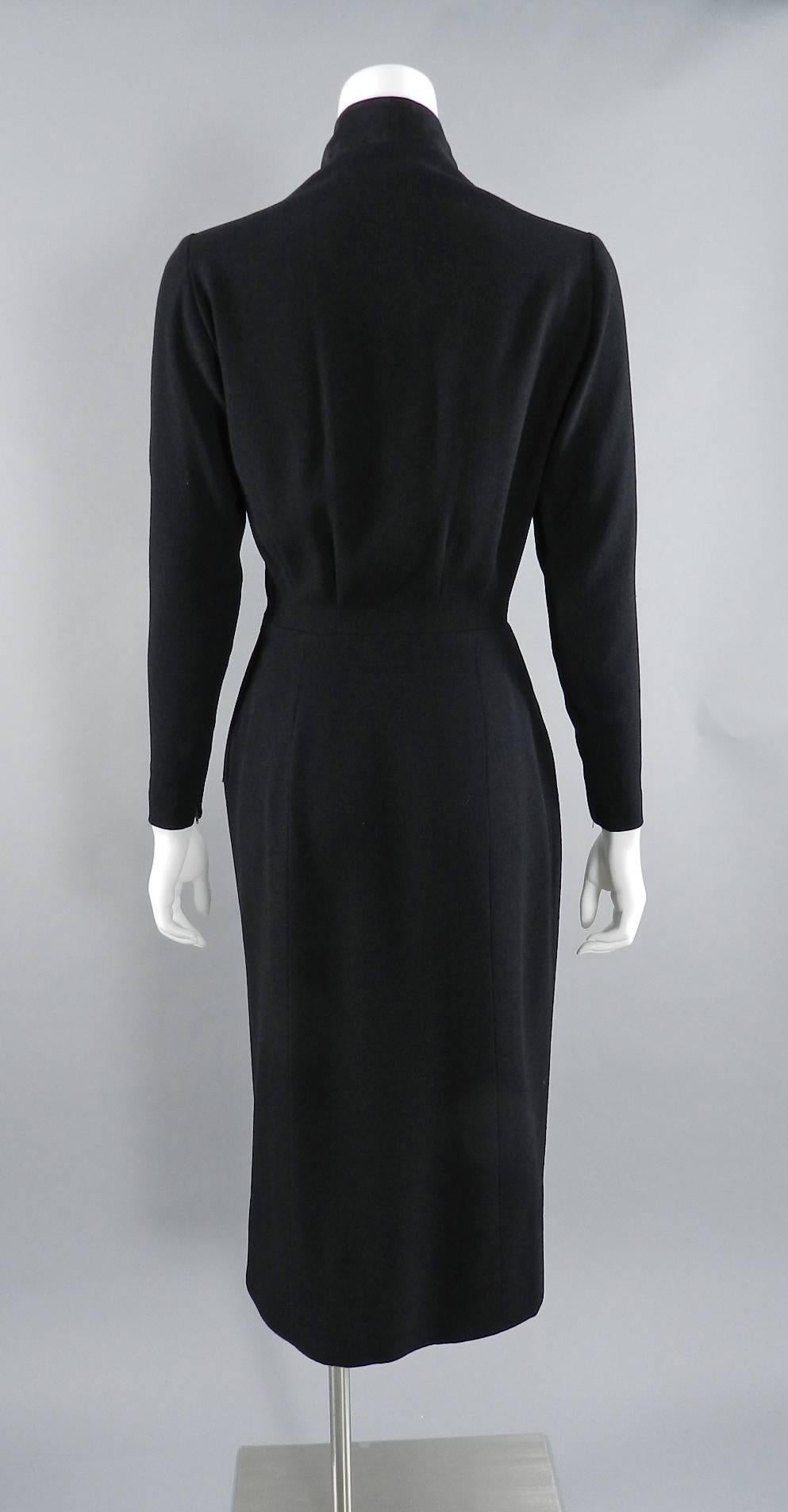 Women's Pierre Balmain Haute Couture Black Wool Dress, 1950s  For Sale