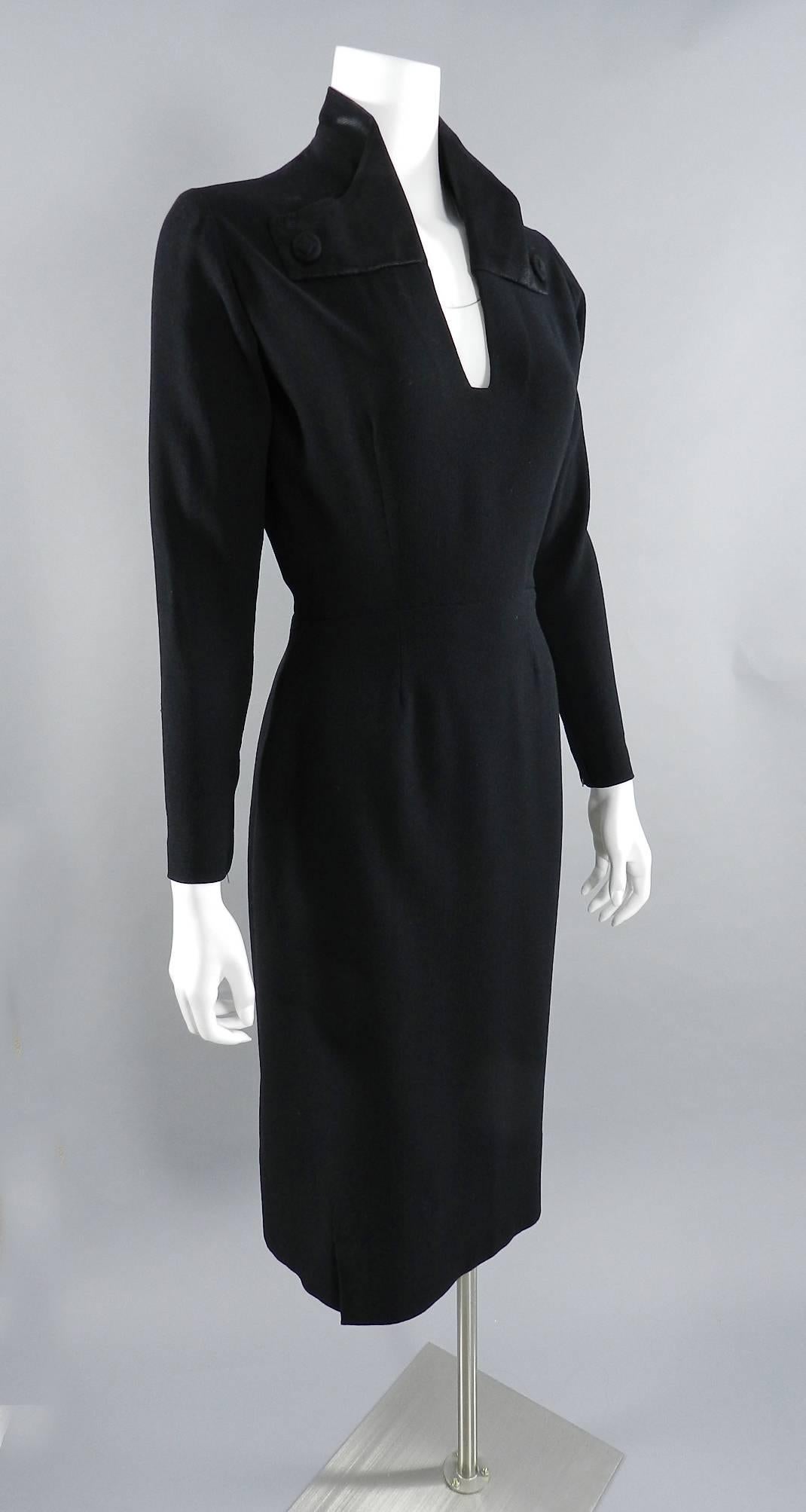 Pierre Balmain Haute Couture Black Wool Dress, 1950s  For Sale 1