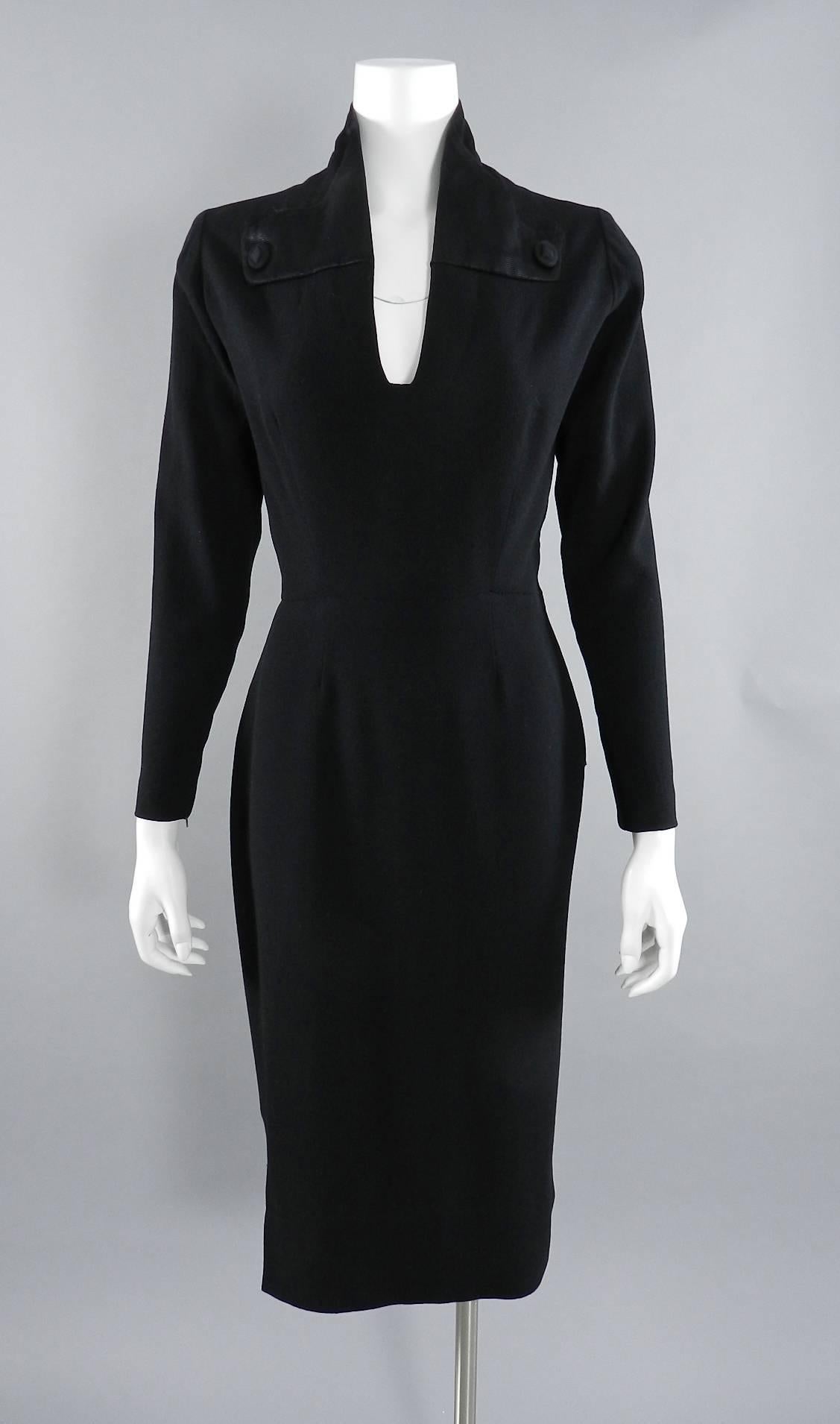 Pierre Balmain Haute Couture Black Wool Dress, 1950s  For Sale 6
