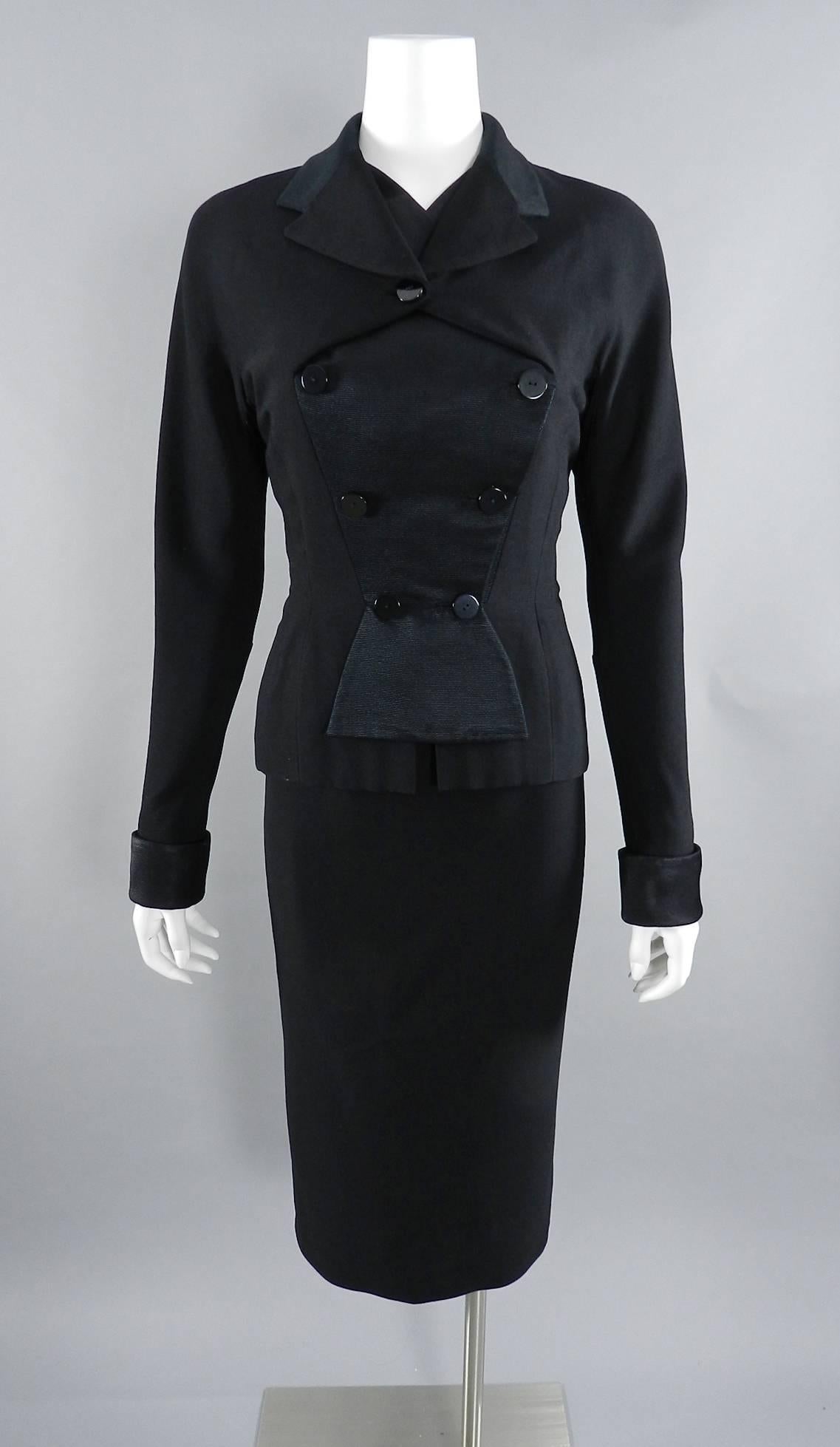Pierre Balmain Black Silk Satin and Wool Skirt Suit, 1950s  For Sale 3